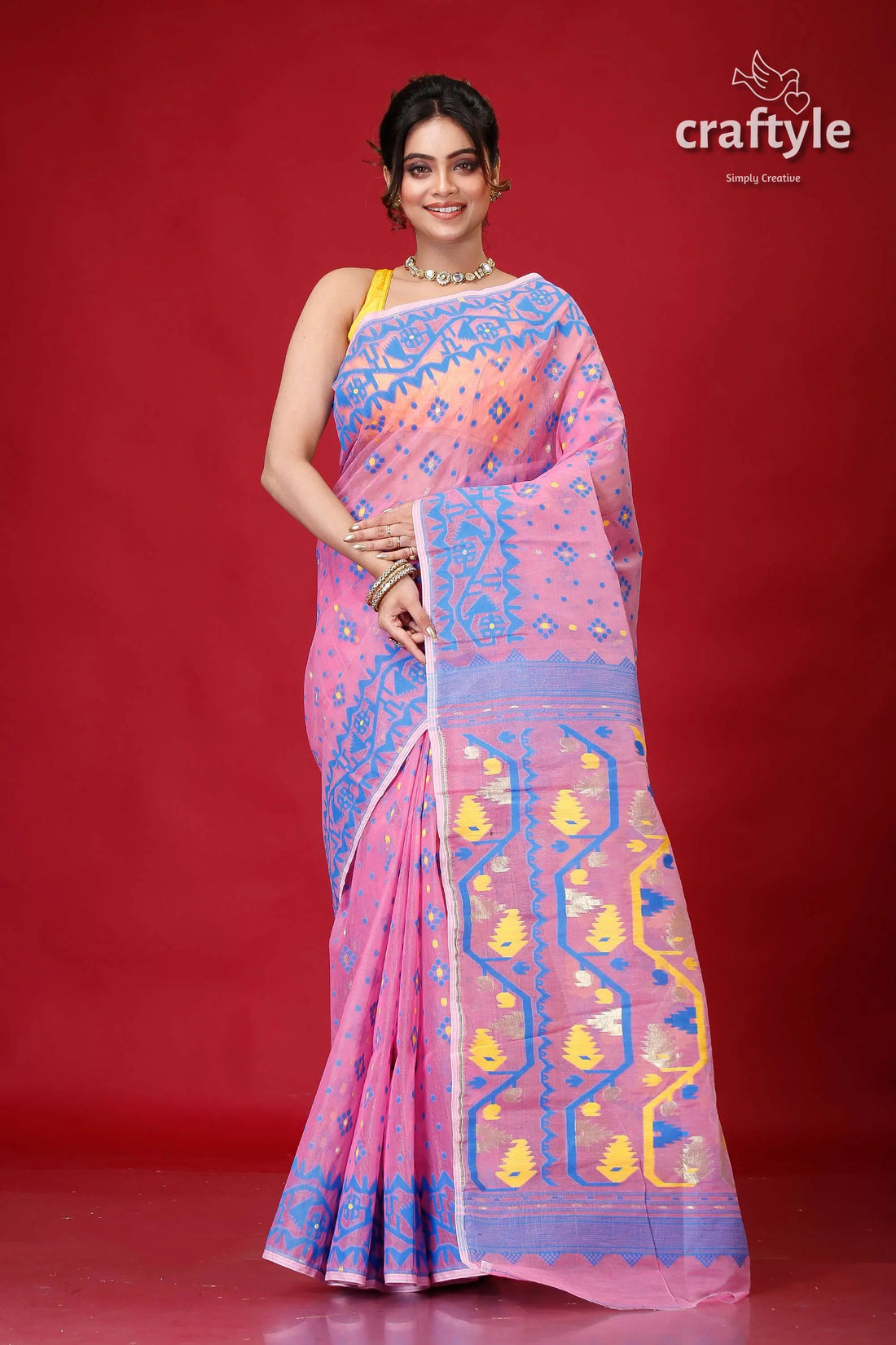Pale magenta pink jamdani weave saree cotton blue yellow 1