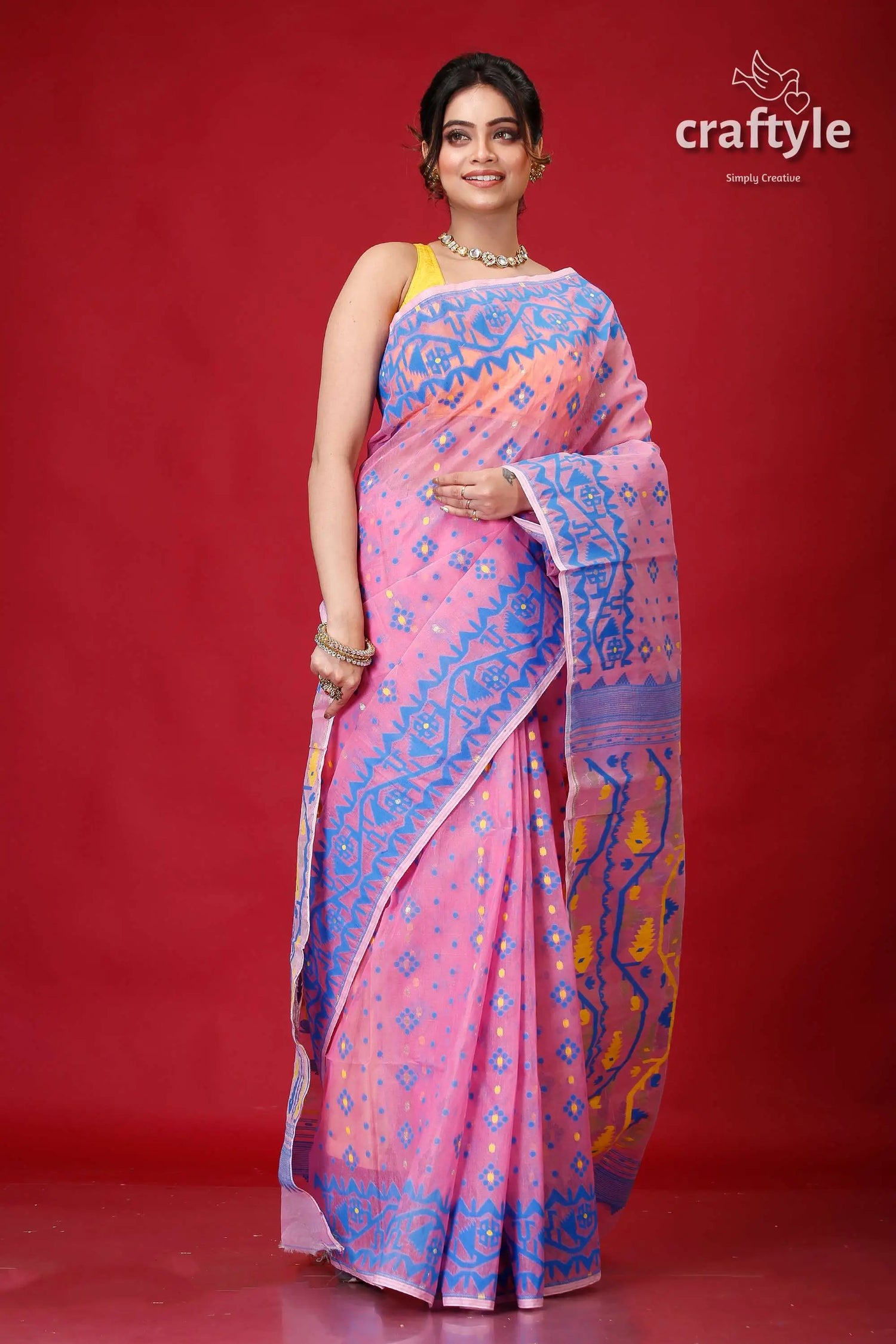 Pale magenta pink jamdani weave saree pink saree blue yellow accents 5