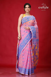 Pale magenta pink jamdani weave saree pink saree blue yellow accents 5