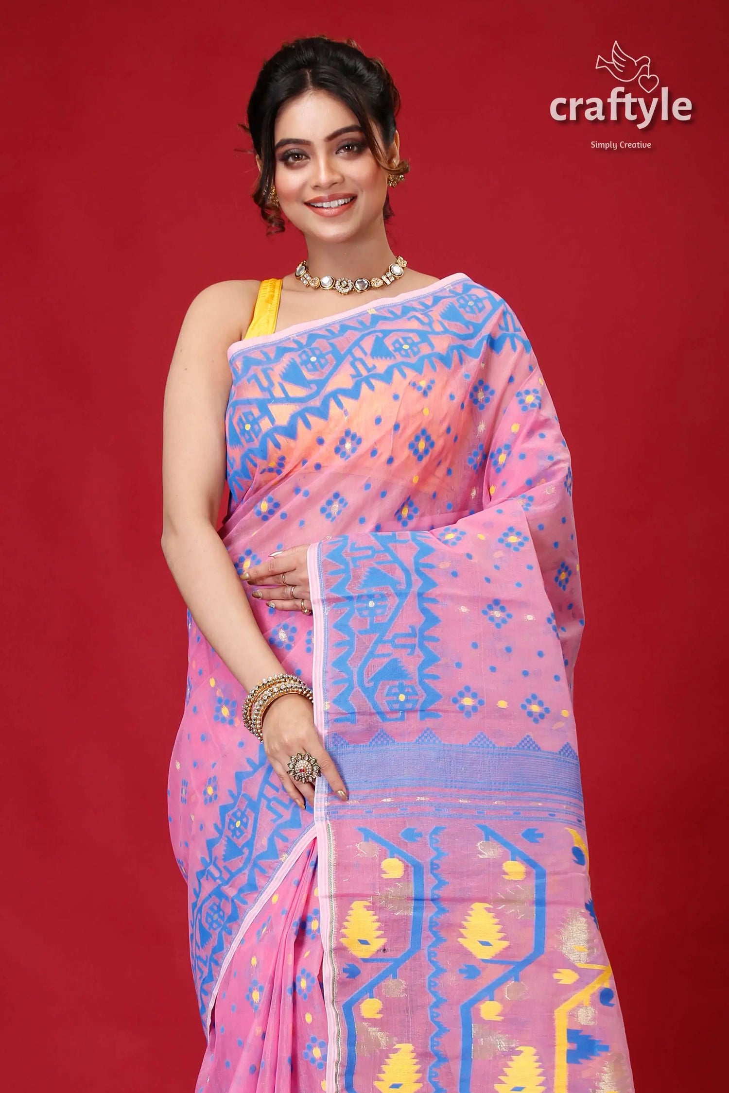 Pale magenta pink jamdani weave saree pink saree blue yellow patterns 3