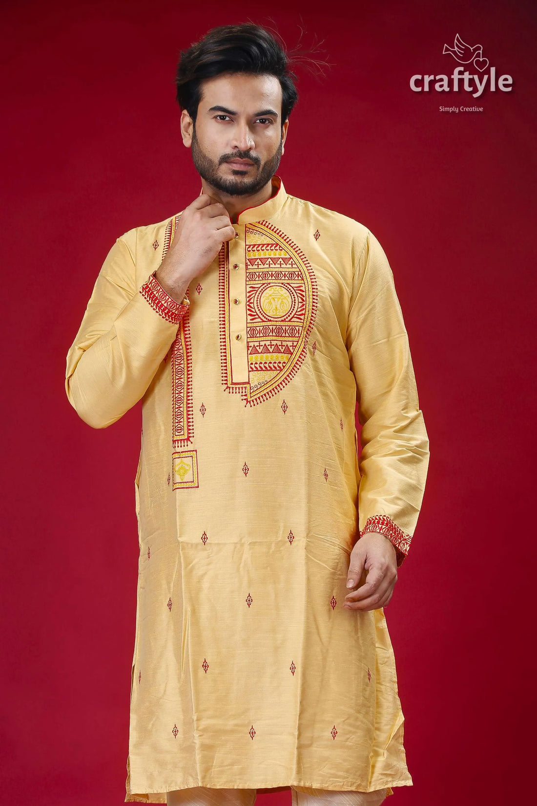 Pale yellow and red embroidered silk mens kurta - stylish traditional wear 2