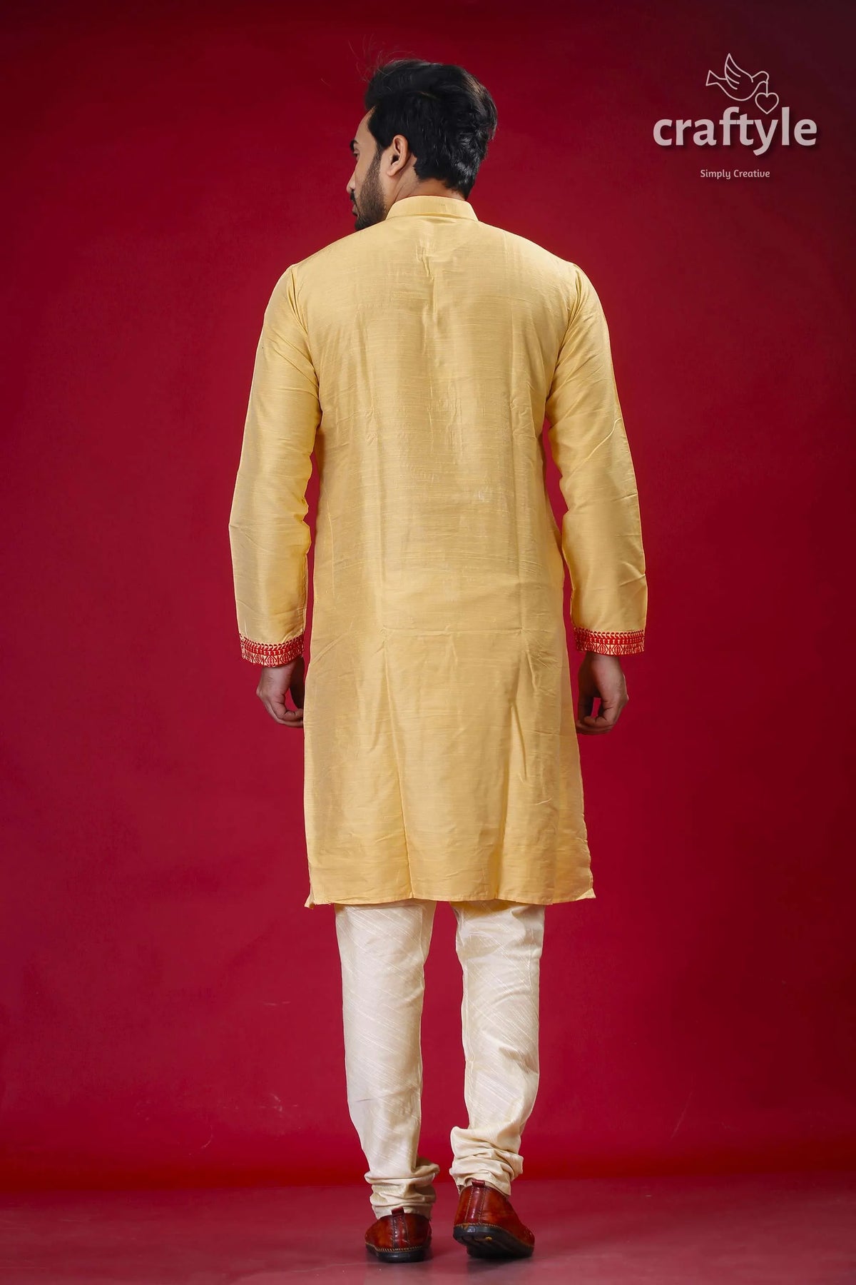 Pale yellow and red embroidered silk mens kurta - stylish traditional wear man’s white pants 5