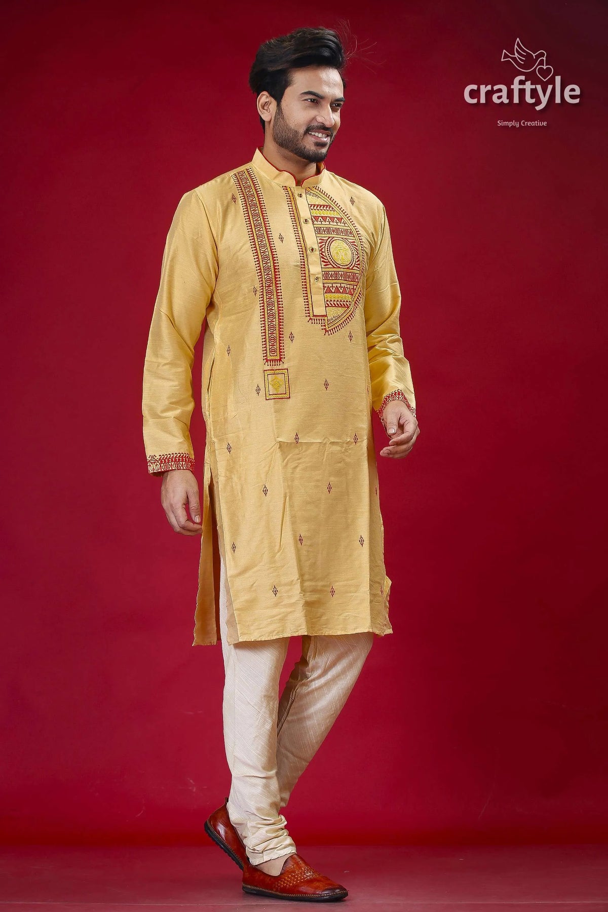 Pale yellow and red embroidered silk mens kurta - stylish traditional wear pajama set 3