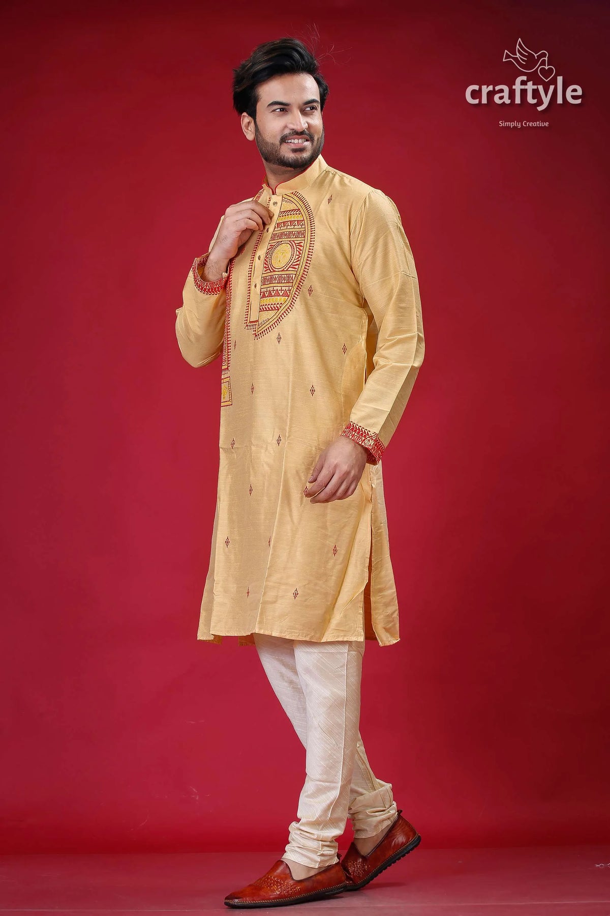 Pale yellow and red embroidered silk mens kurta - stylish traditional wear man pants 4