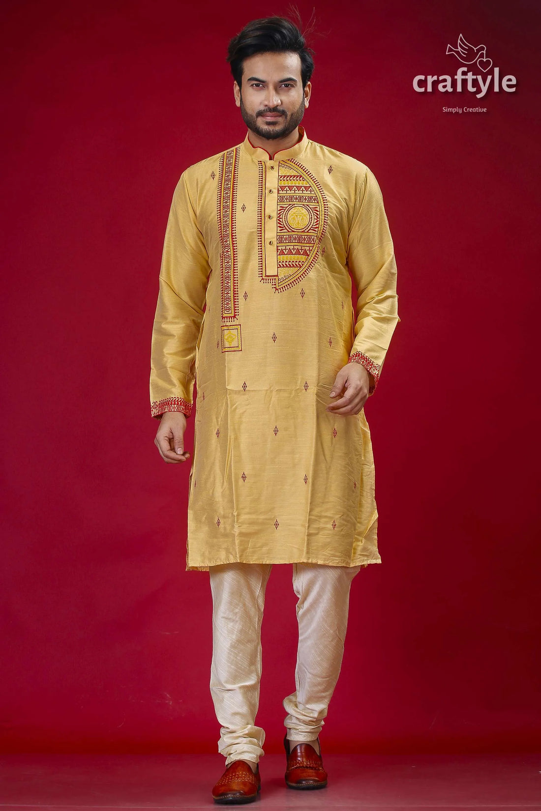 Pale yellow and red embroidered silk mens kurta - stylish traditional wear man’s pajama set 1