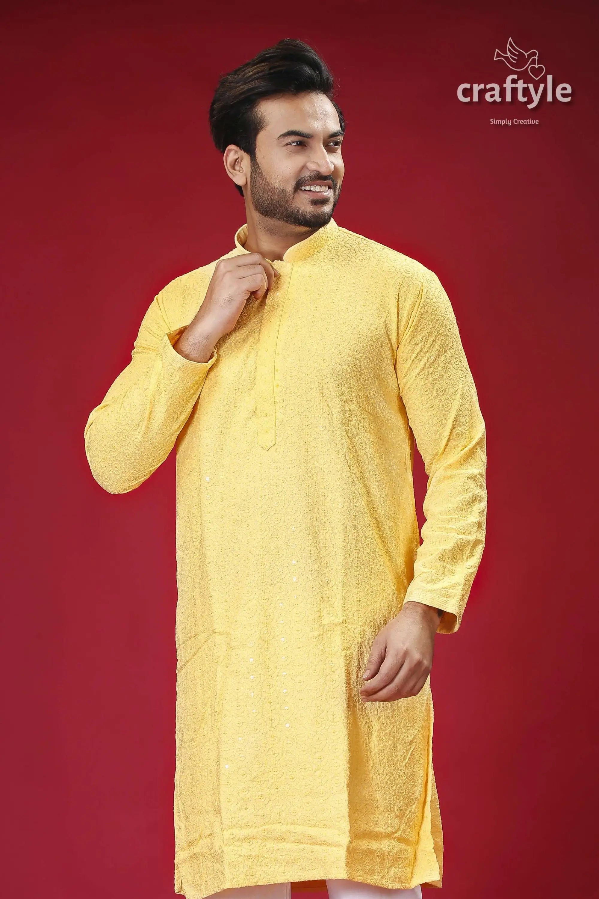 Pale yellow chikankari punjabi for men with sequin embellishments yellow embroidered kurta 2