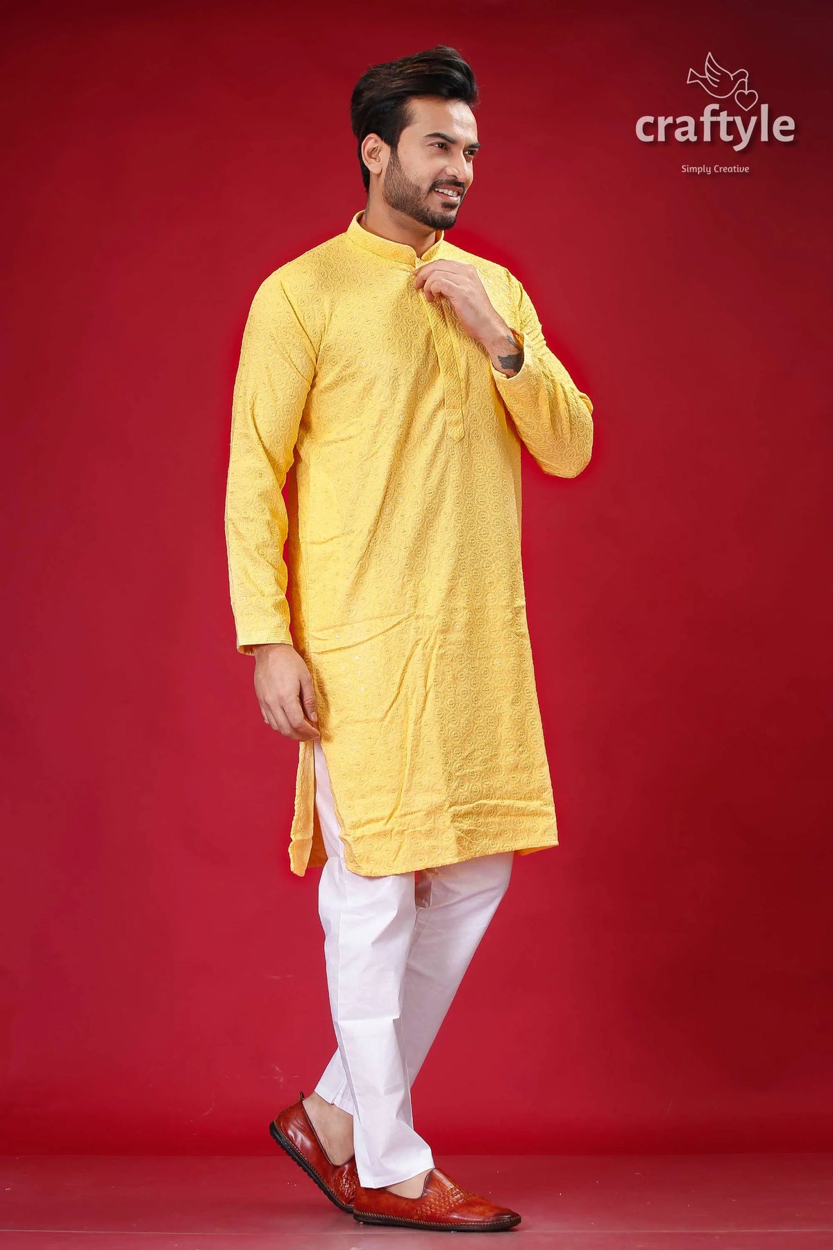 Pale yellow chikankari punjabi for men with sequin embellishments man kurta white pants 3