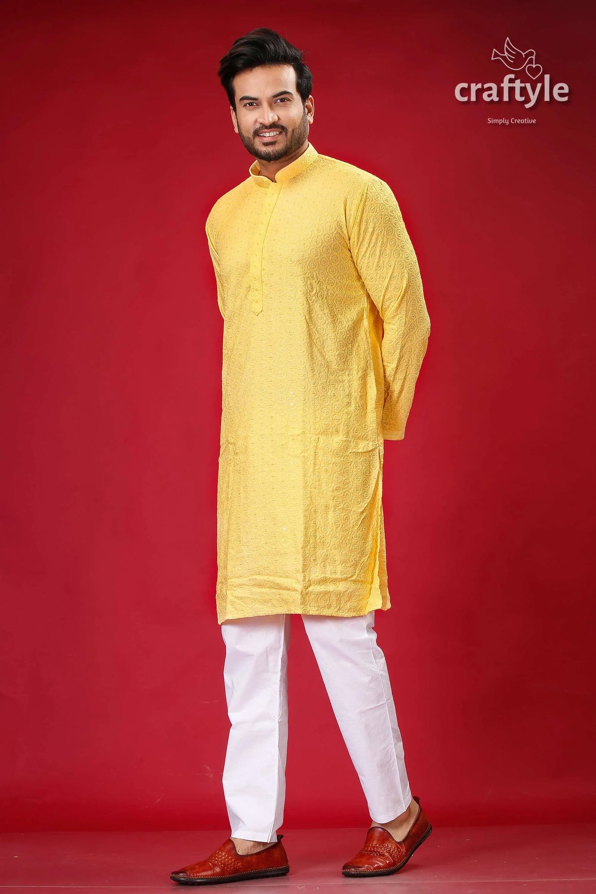 Pale yellow chikankari punjabi for men with sequin embellishments man kurta white pants 4