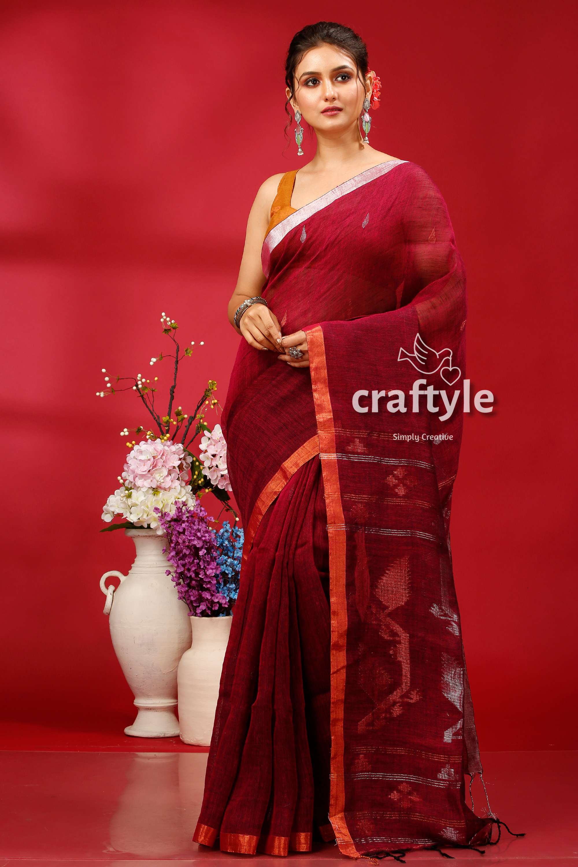 Pansy Purple Copper Zari Timeless Linen Jamdani Saree - Craftyle