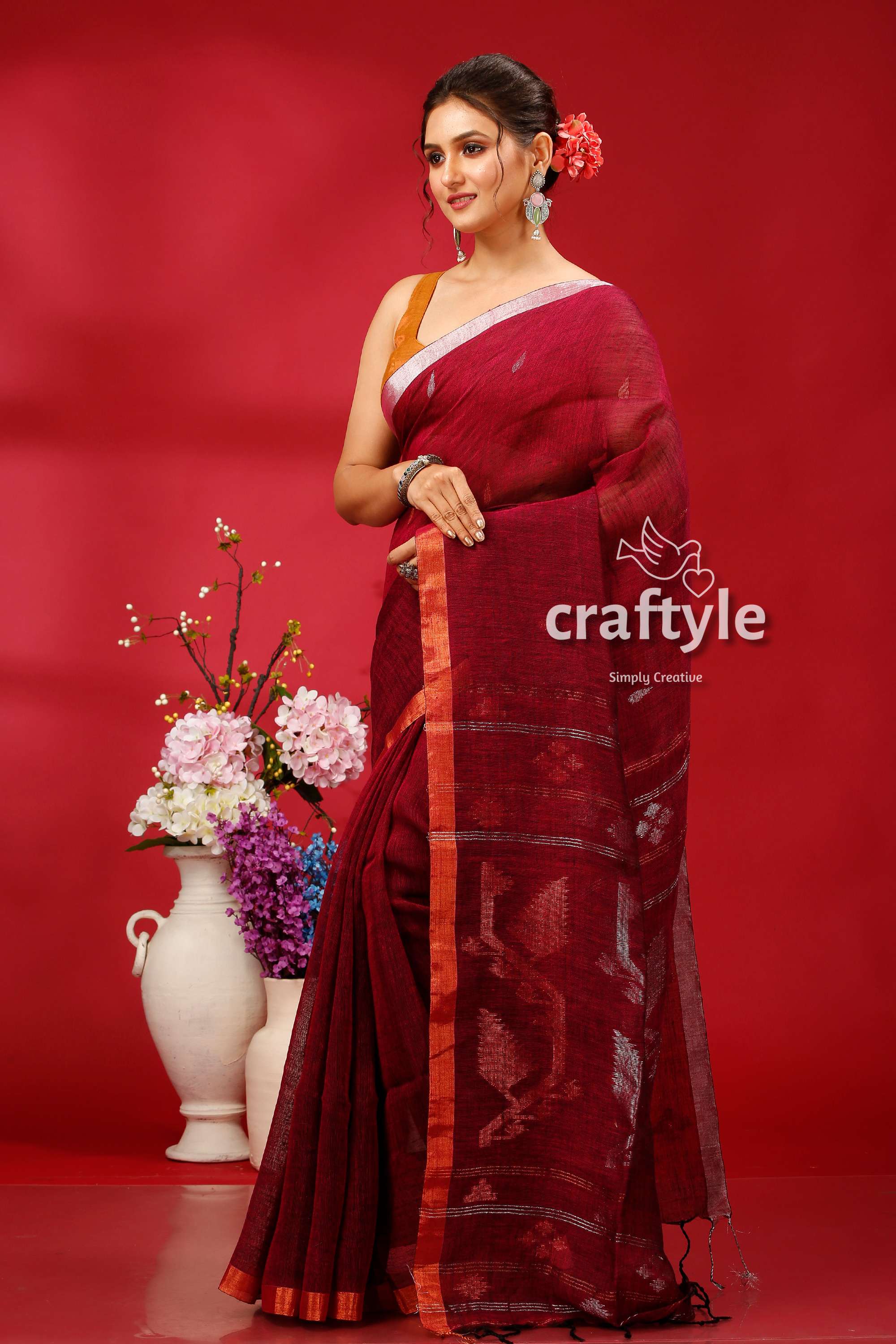 Pansy Purple Copper Zari Timeless Linen Jamdani Saree - Craftyle