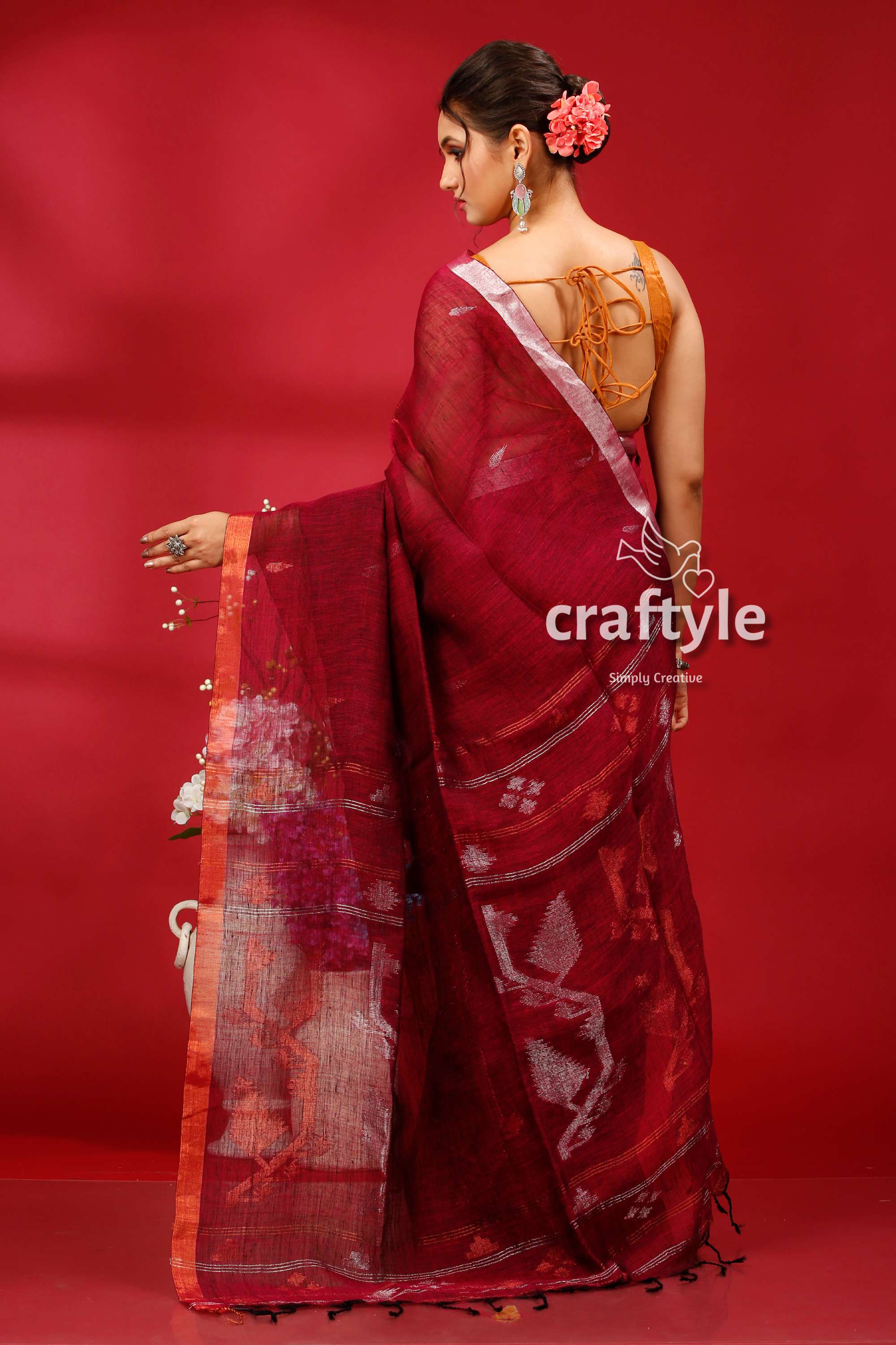 Pansy Purple Copper Zari Timeless Linen Jamdani Saree - Craftyle