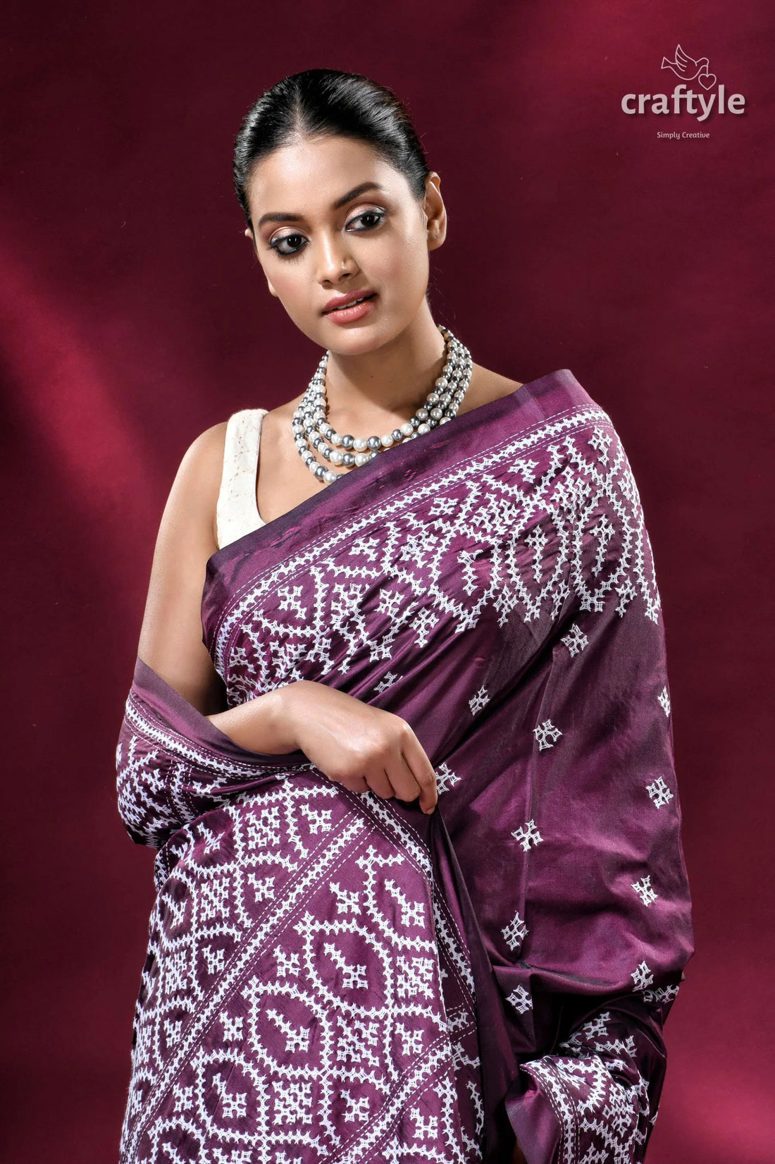 Pansy purple kutch embroidery hand kantha silk saree elegant purple saree white embroidery 2