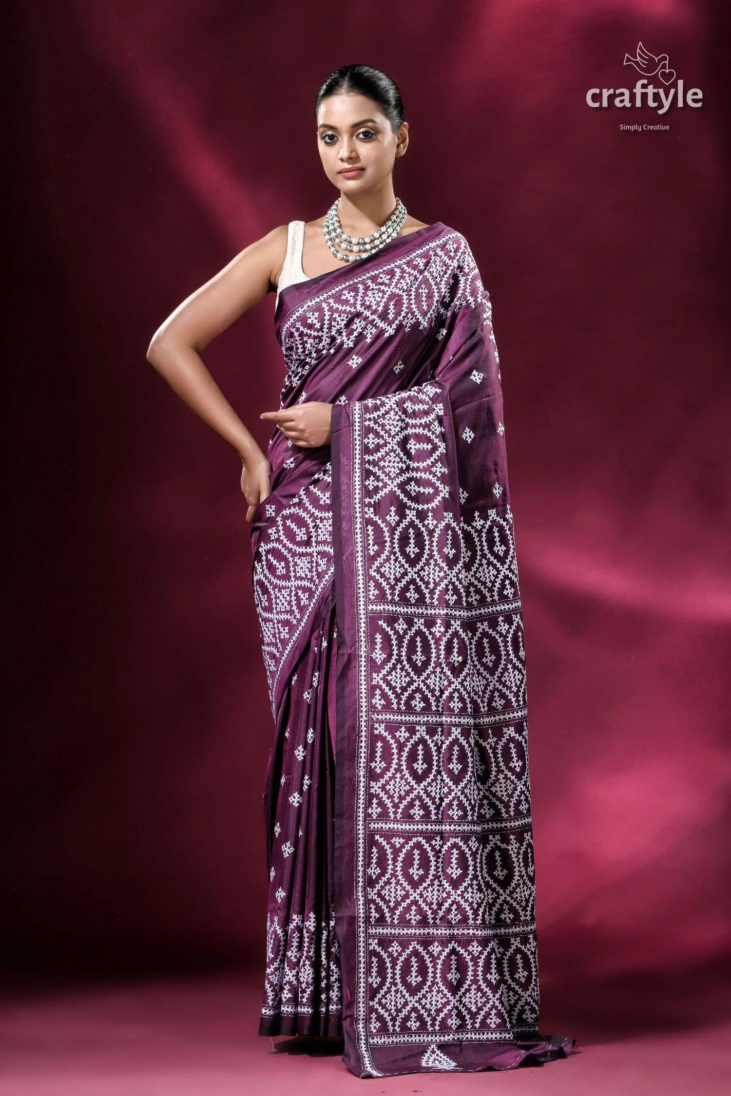 Pansy purple kutch embroidery hand kantha silk saree elegant purple saree white embroidery 1