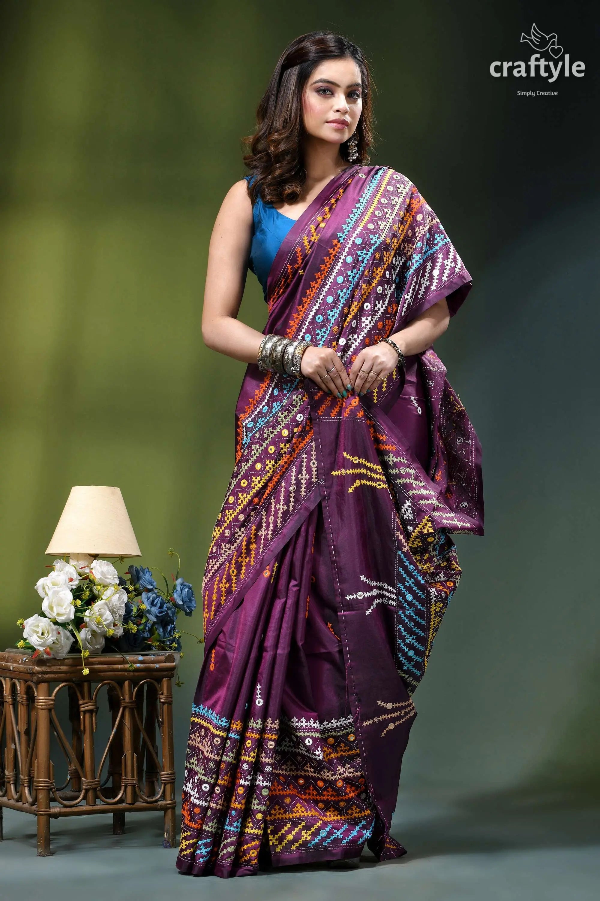 Pansy purple multi-thread kutch work dual-tone silk saree - mirror richly embroidered purple saree intricate 4