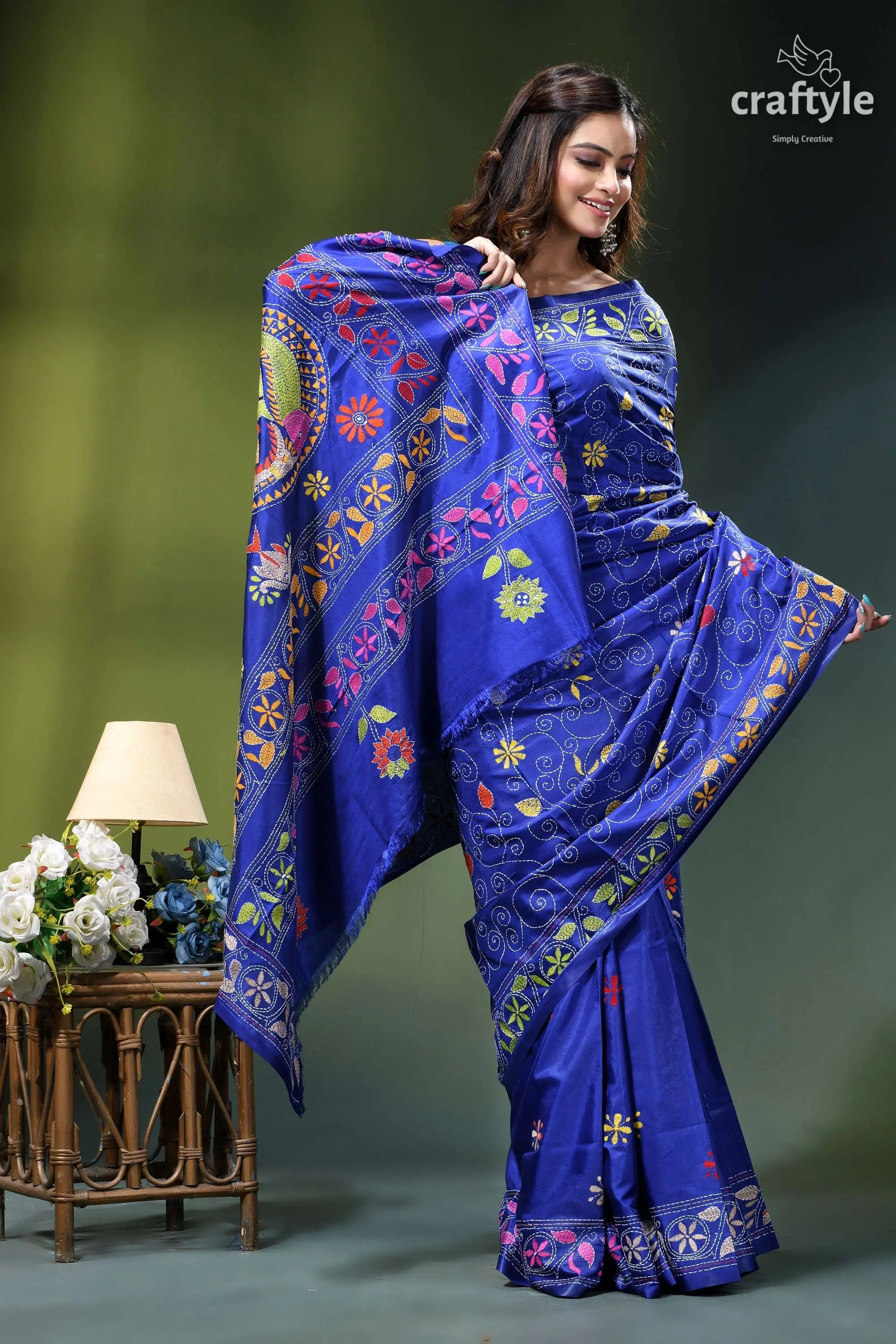 Pantone blue multicolor fish motif exclusive silk kantha saree vibrant royal blue saree intricate 7