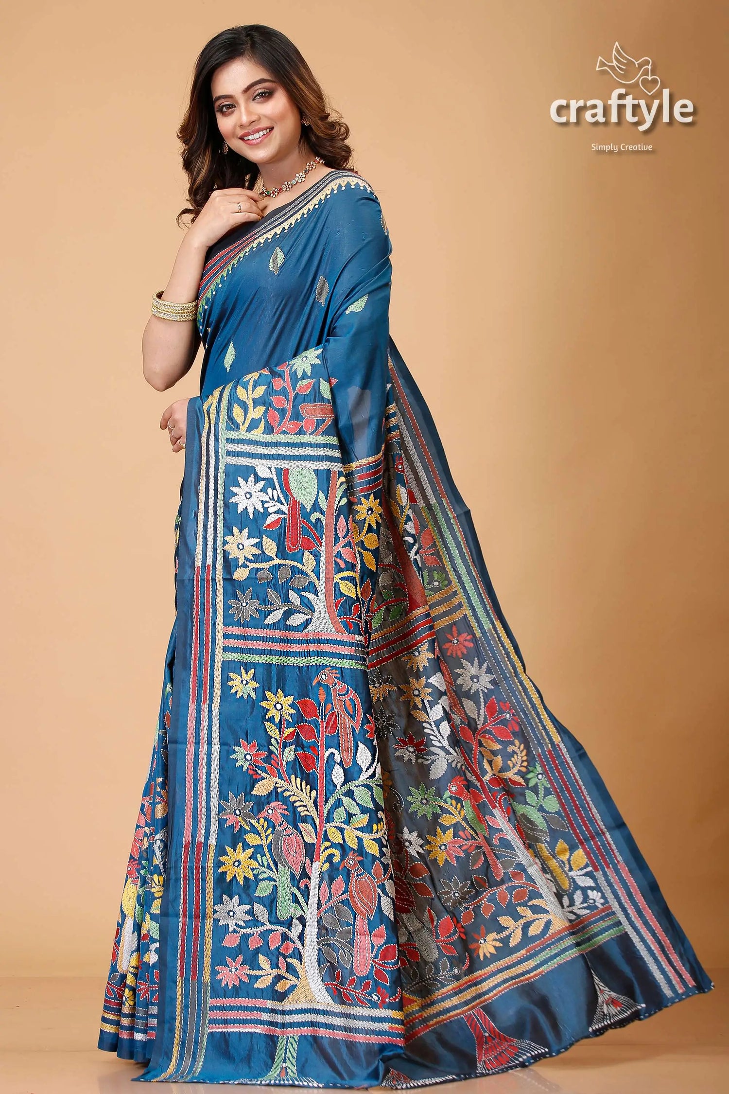 Pantone blue multicolor silk kantha stitch saree blue saree embroidered designs 3
