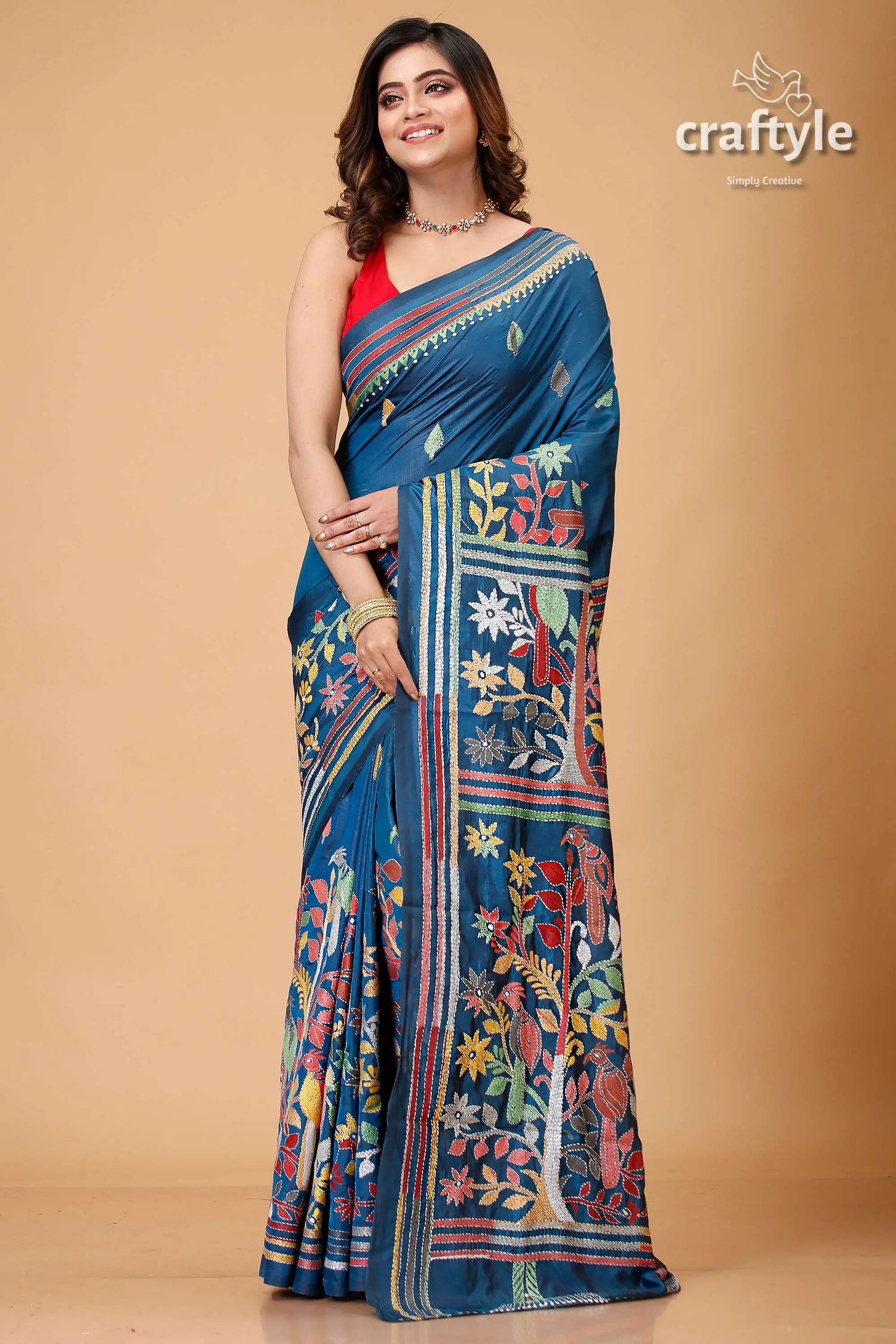 Pantone blue multicolor silk kantha stitch saree woman blue saree colorful embroidery 1