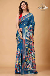 Pantone blue multicolor silk kantha stitch saree woman blue saree colorful embroidery 1