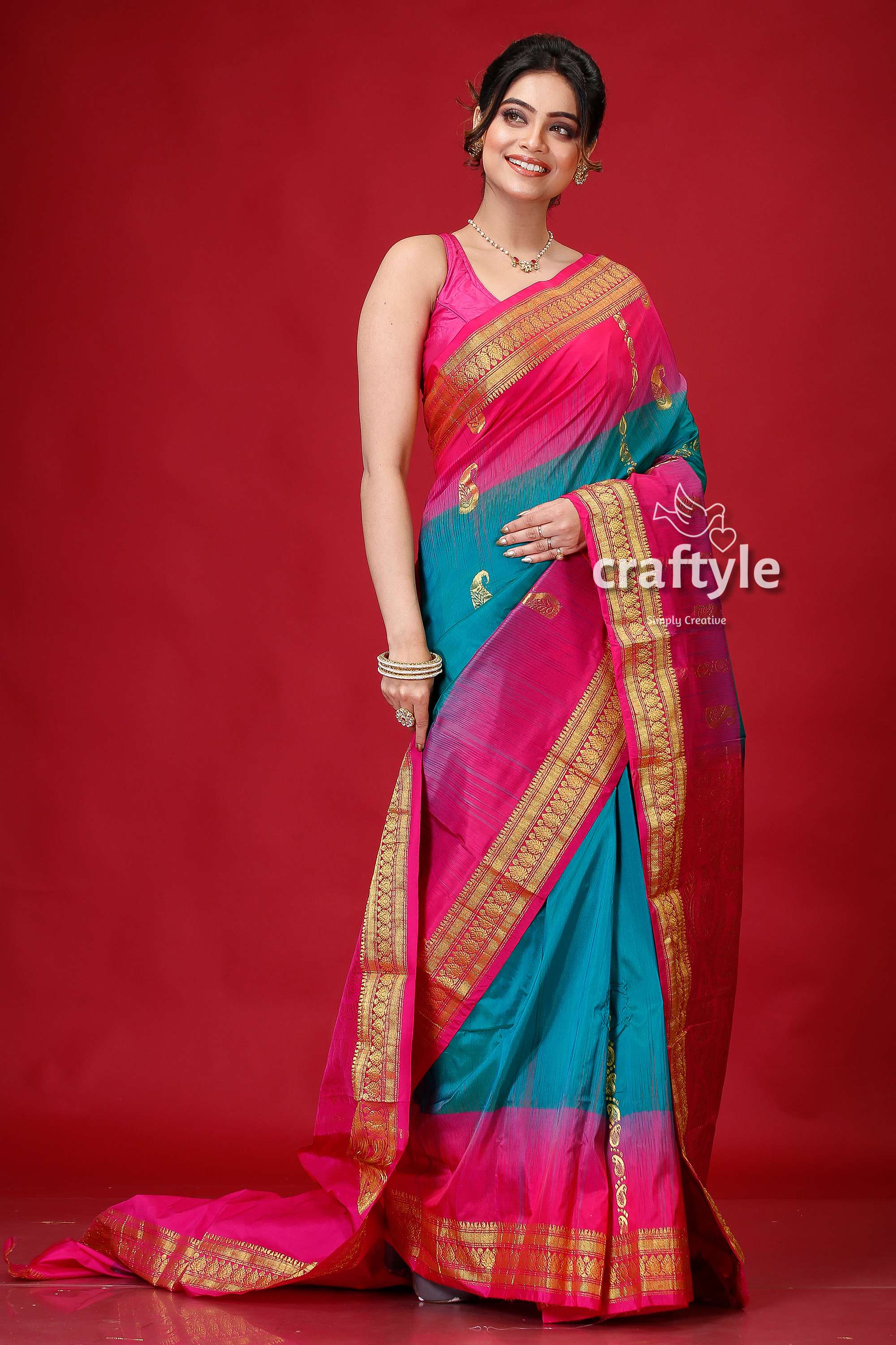 Pantone Pink and Green Kanjivaram Silk Saree-Craftyle