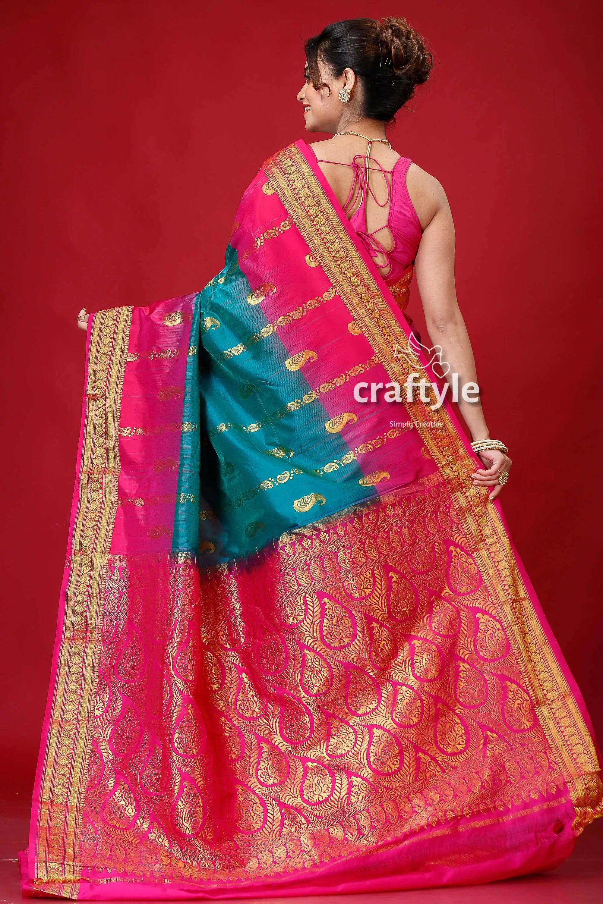 Pantone pink and green kanjivaram silk saree pink teal saree gold accents 5