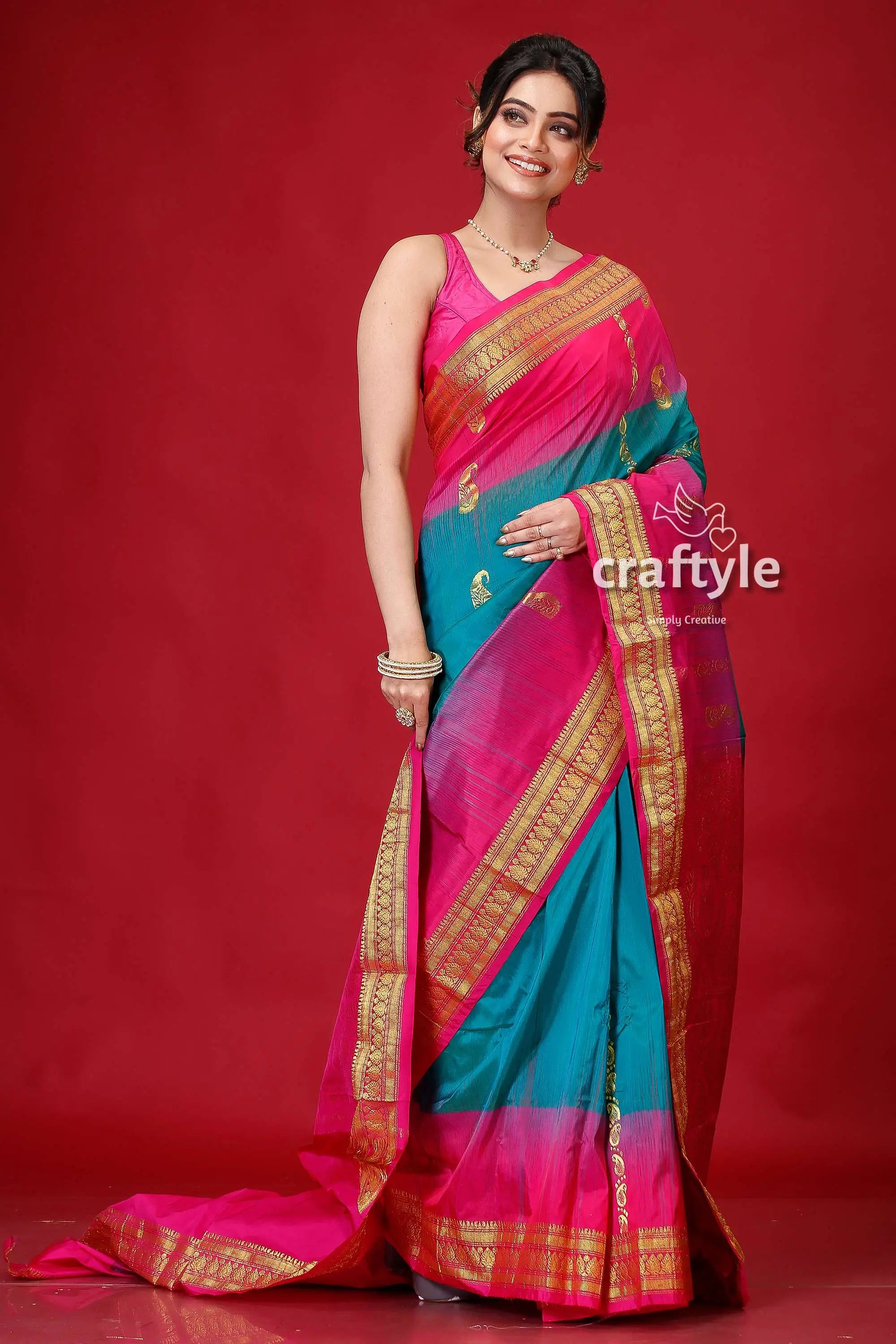 Pantone pink and green kanjivaram silk saree pink teal silk saree gold 4