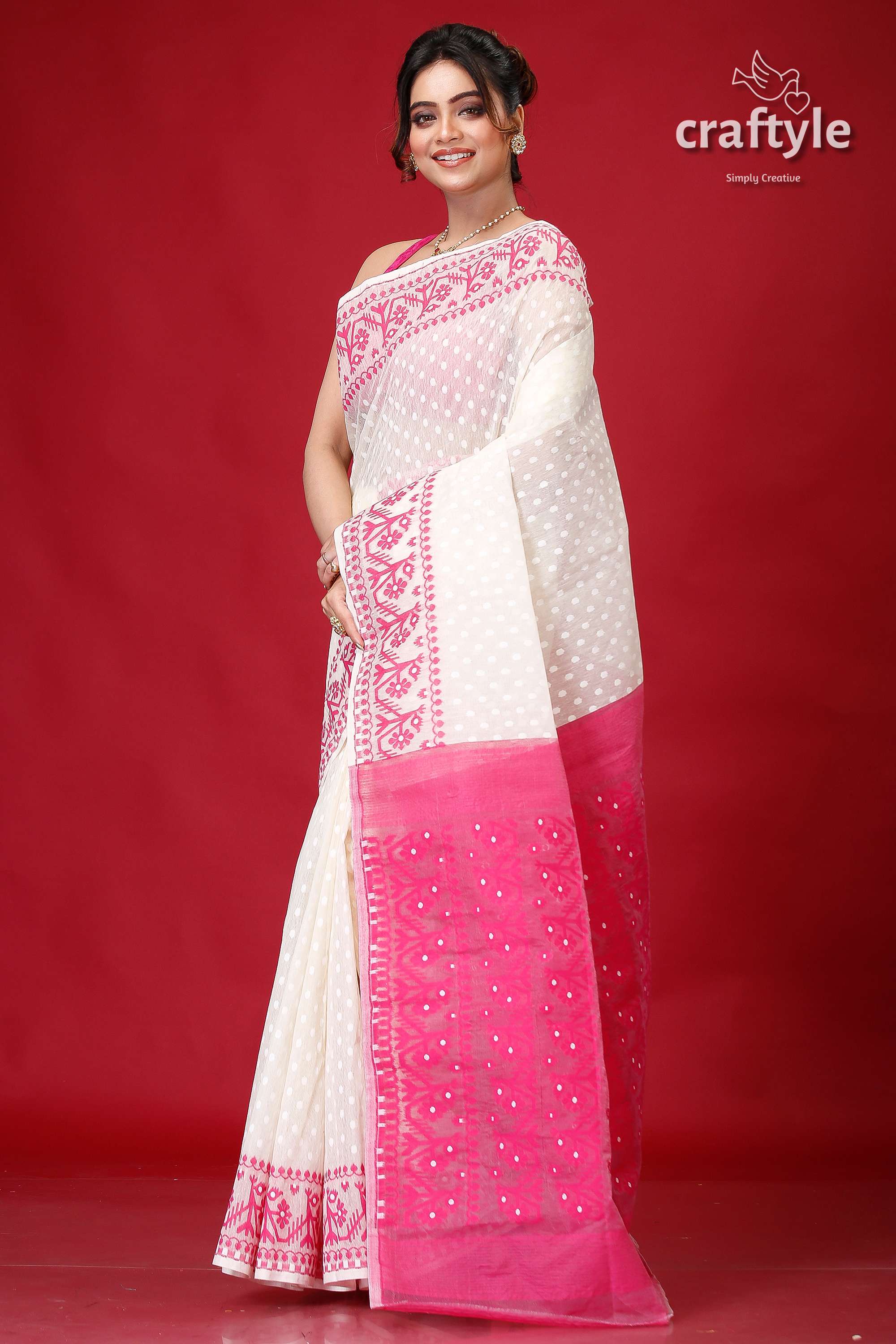 Pantone Pink and White Festive Jamdani Saree-Craftyle