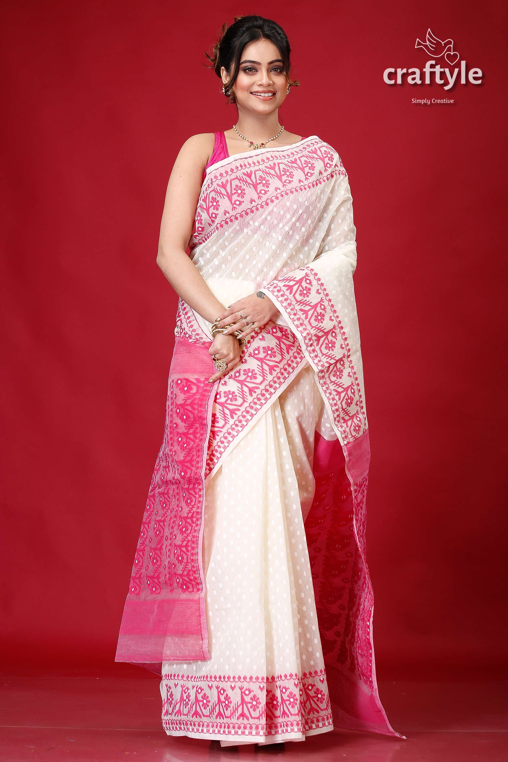 Pantone Pink and White Festive Jamdani Saree-Craftyle