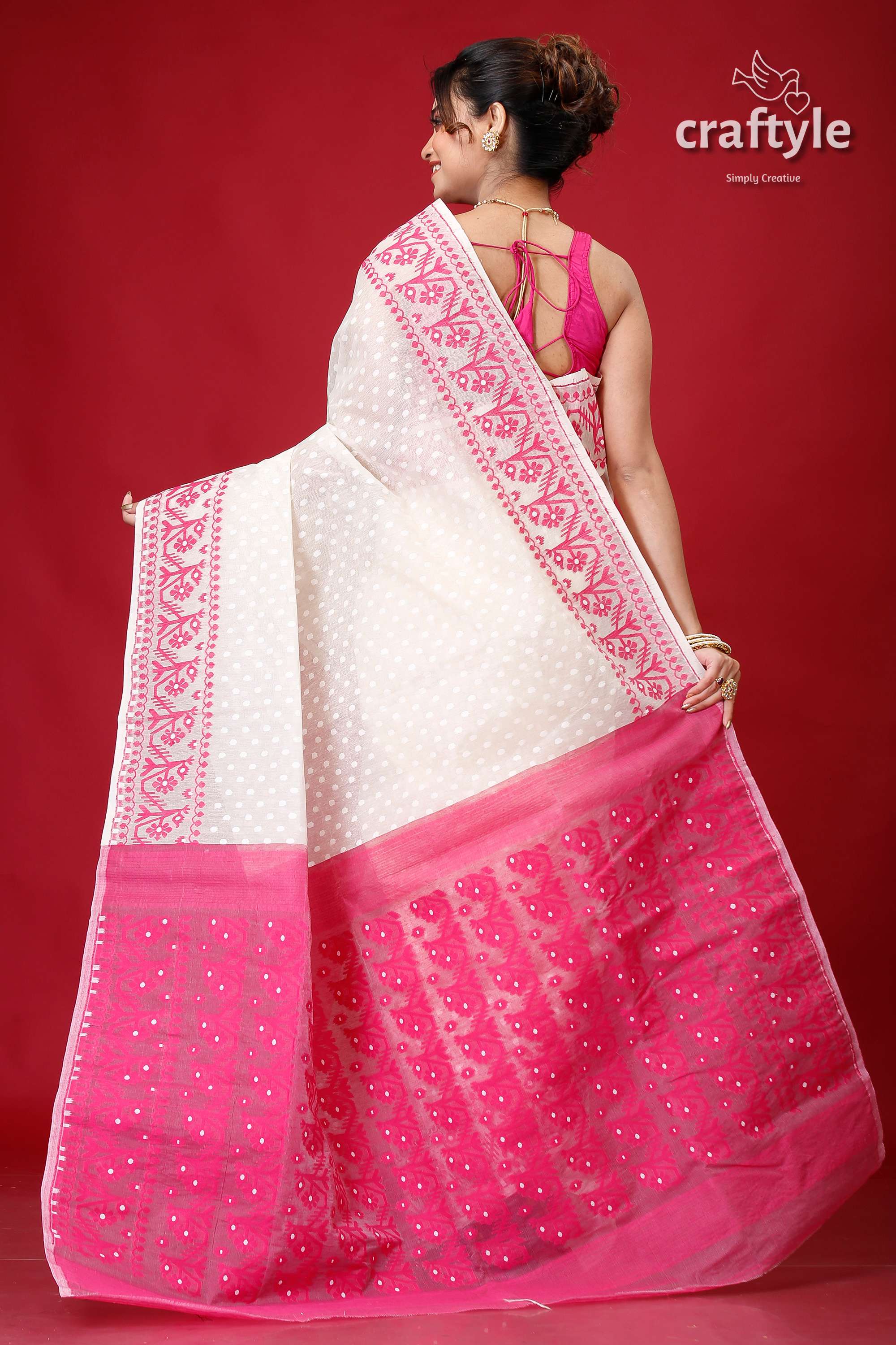 Pantone Pink and White Festive Jamdani Saree-Craftyle