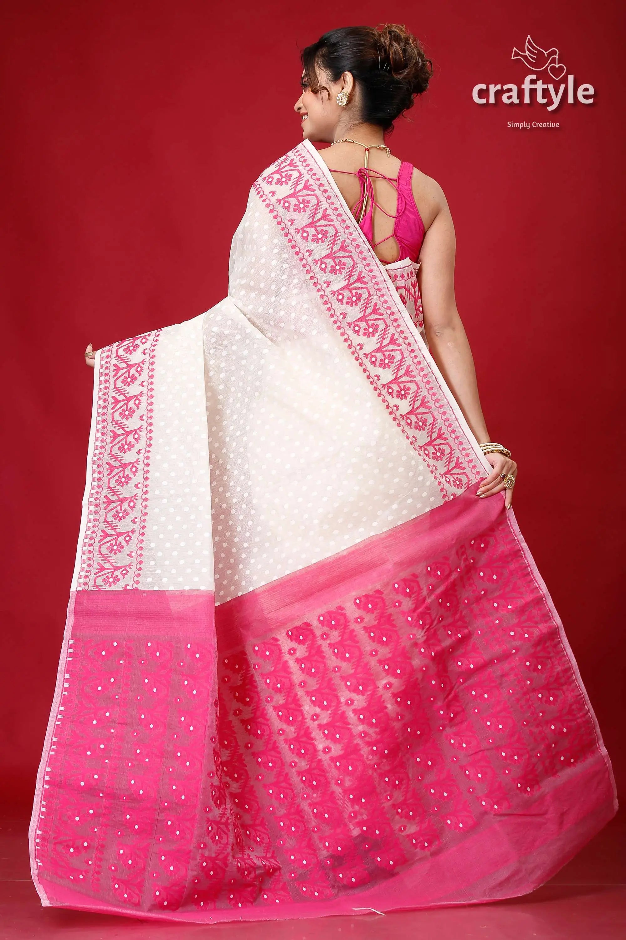 Pantone pink and white festive jamdani saree white pink saree 5
