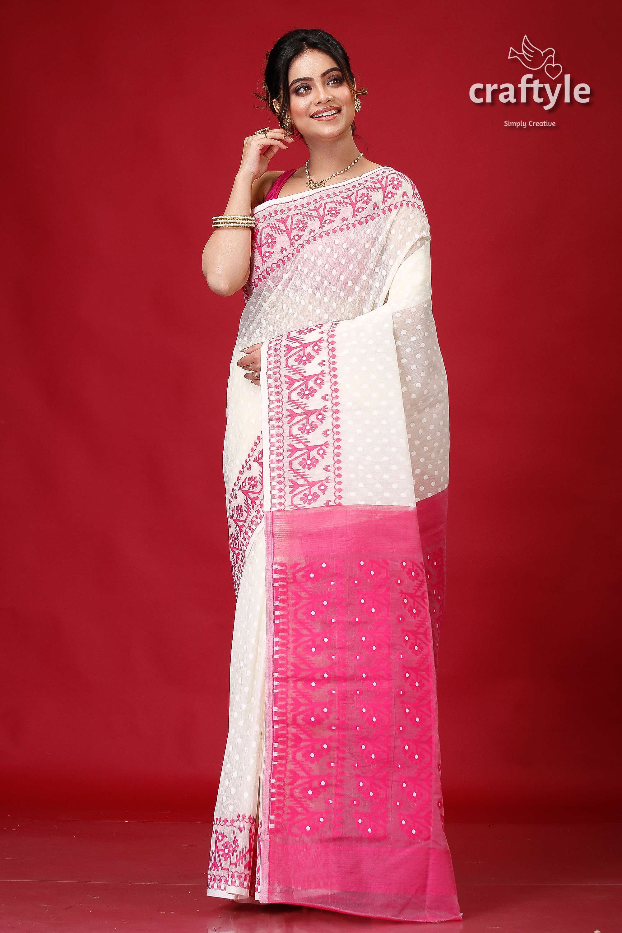Pantone Pink and White Festive Jamdani Saree-Craftyle