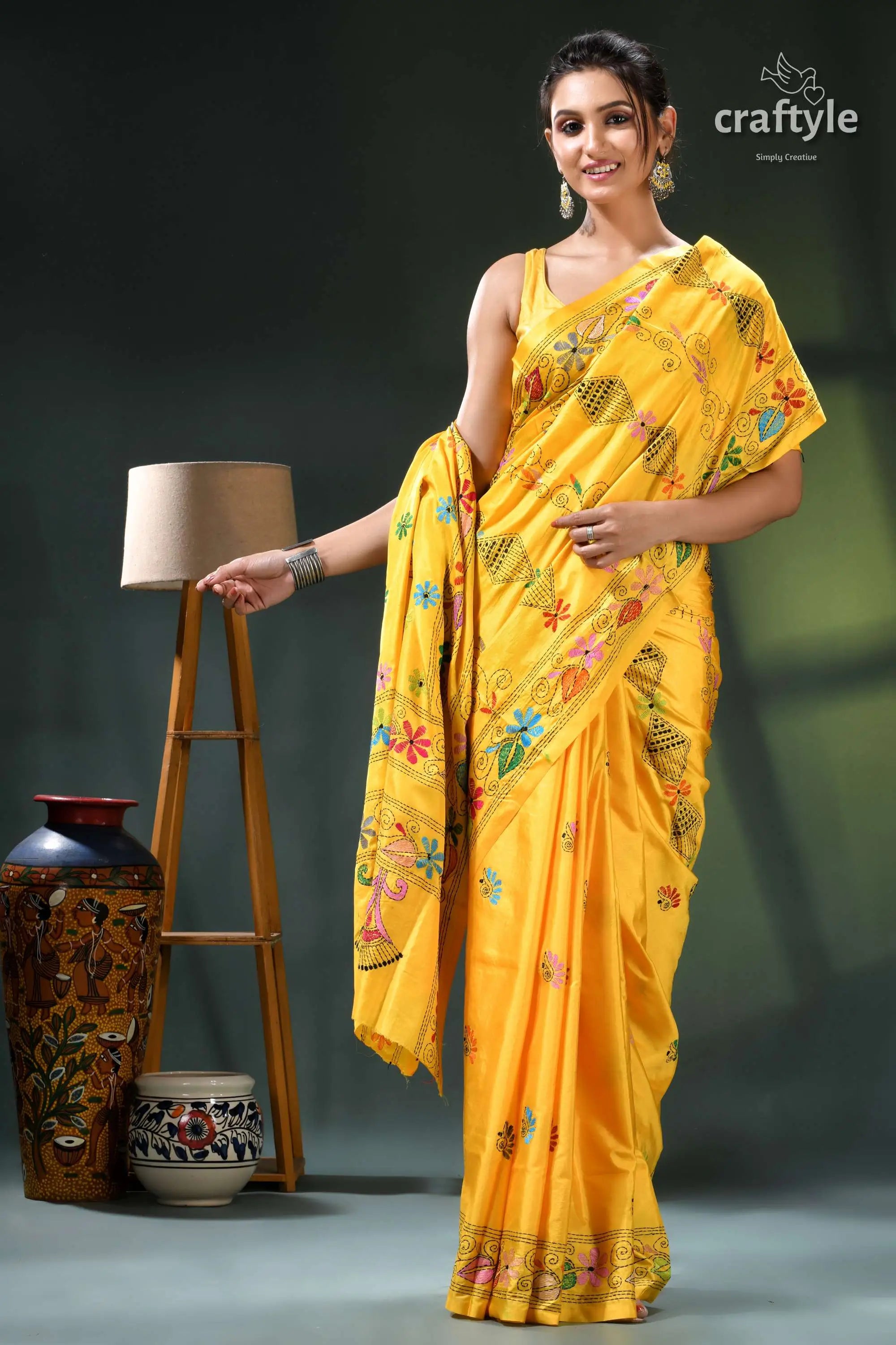 Pantone yellow classic hand kantha embroidery silk saree yellow floral embroidered saree blouse 4