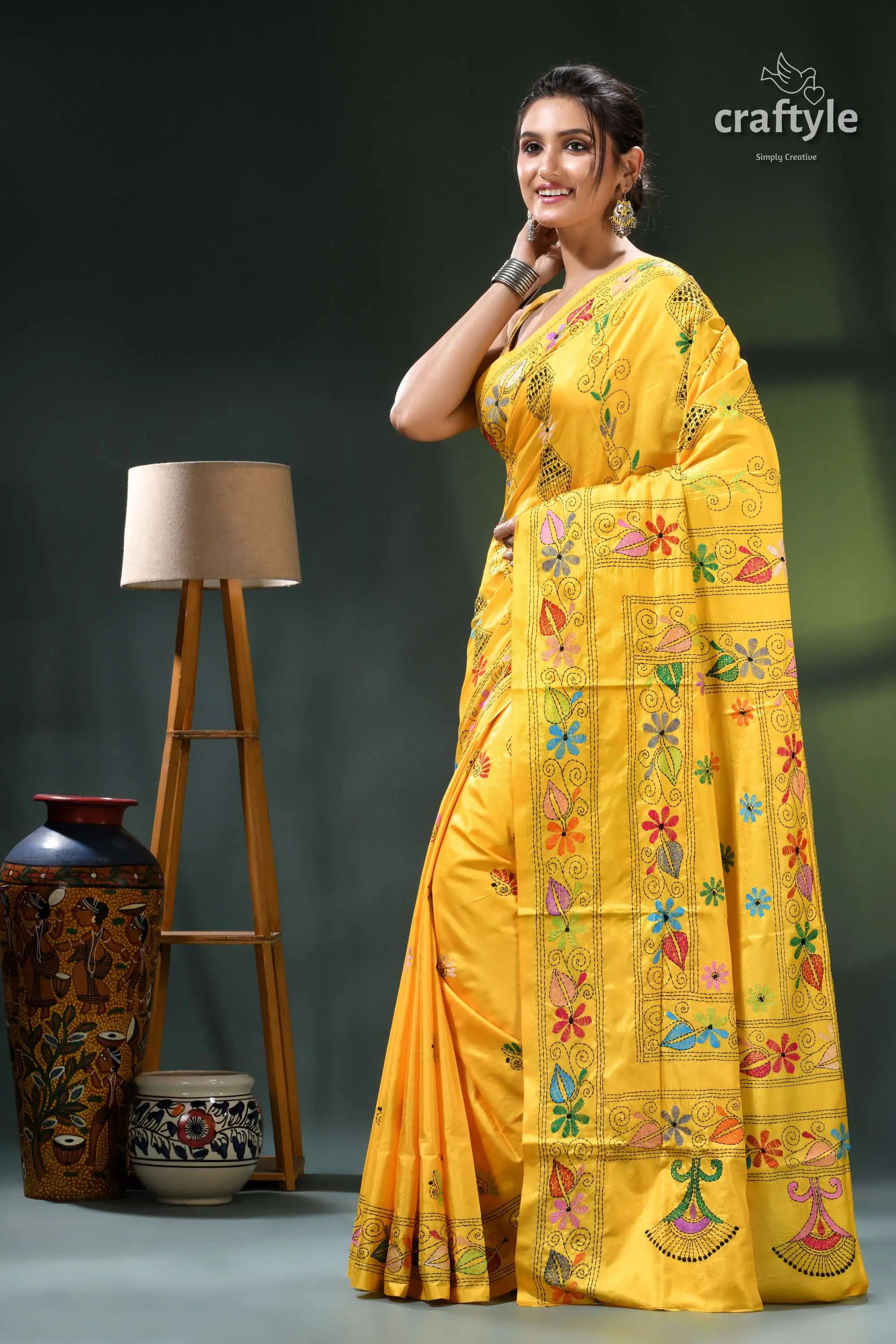 Pantone yellow classic hand kantha embroidery silk saree yellow embroidered saree floral patterns 3