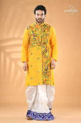 Pantone yellow multi thread kantha stitch cotton kurta for men men’s yellow embroidered kurta white 5