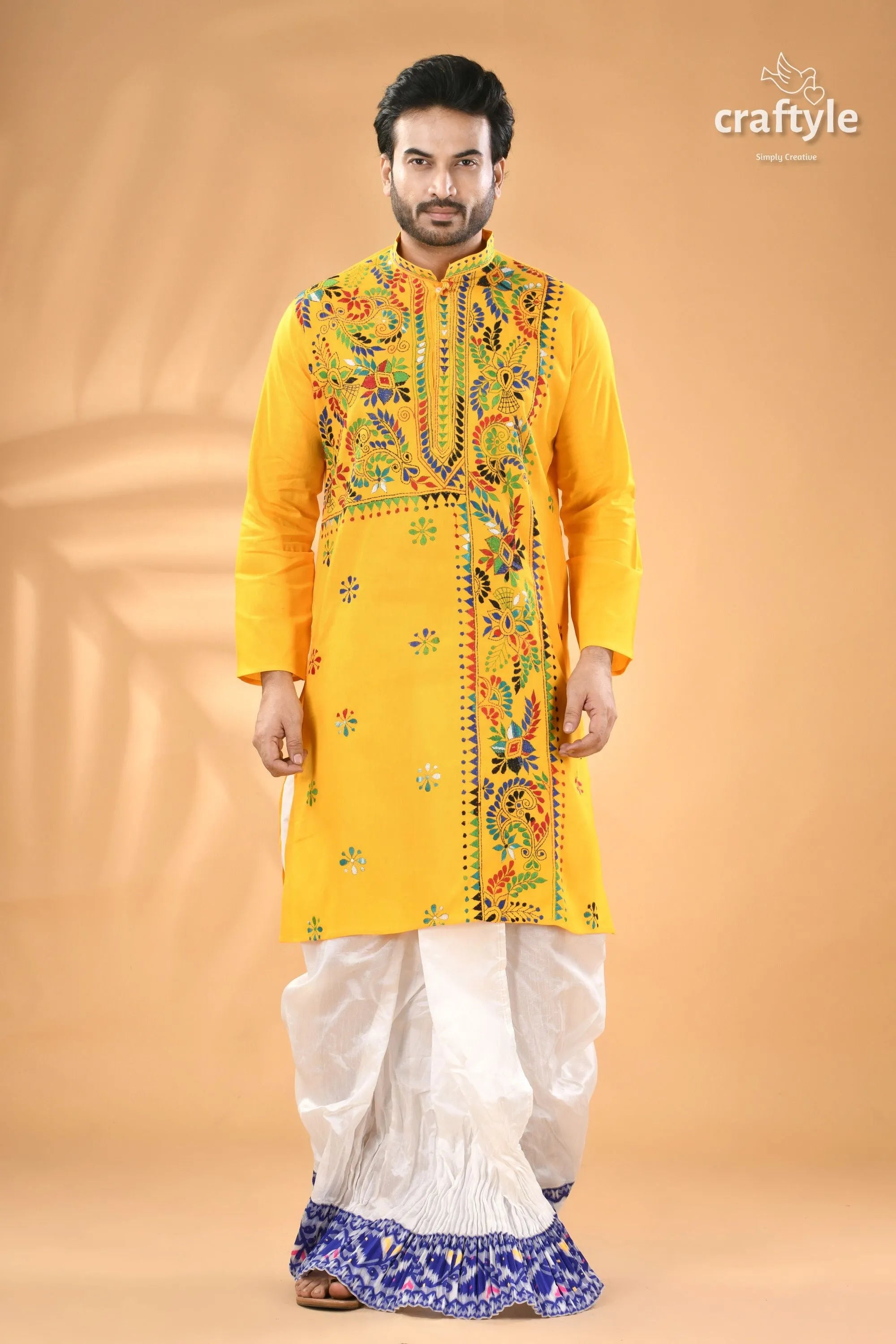 Pantone yellow multi-thread kantha stitch cotton kurta for men men’s embroidered white 5