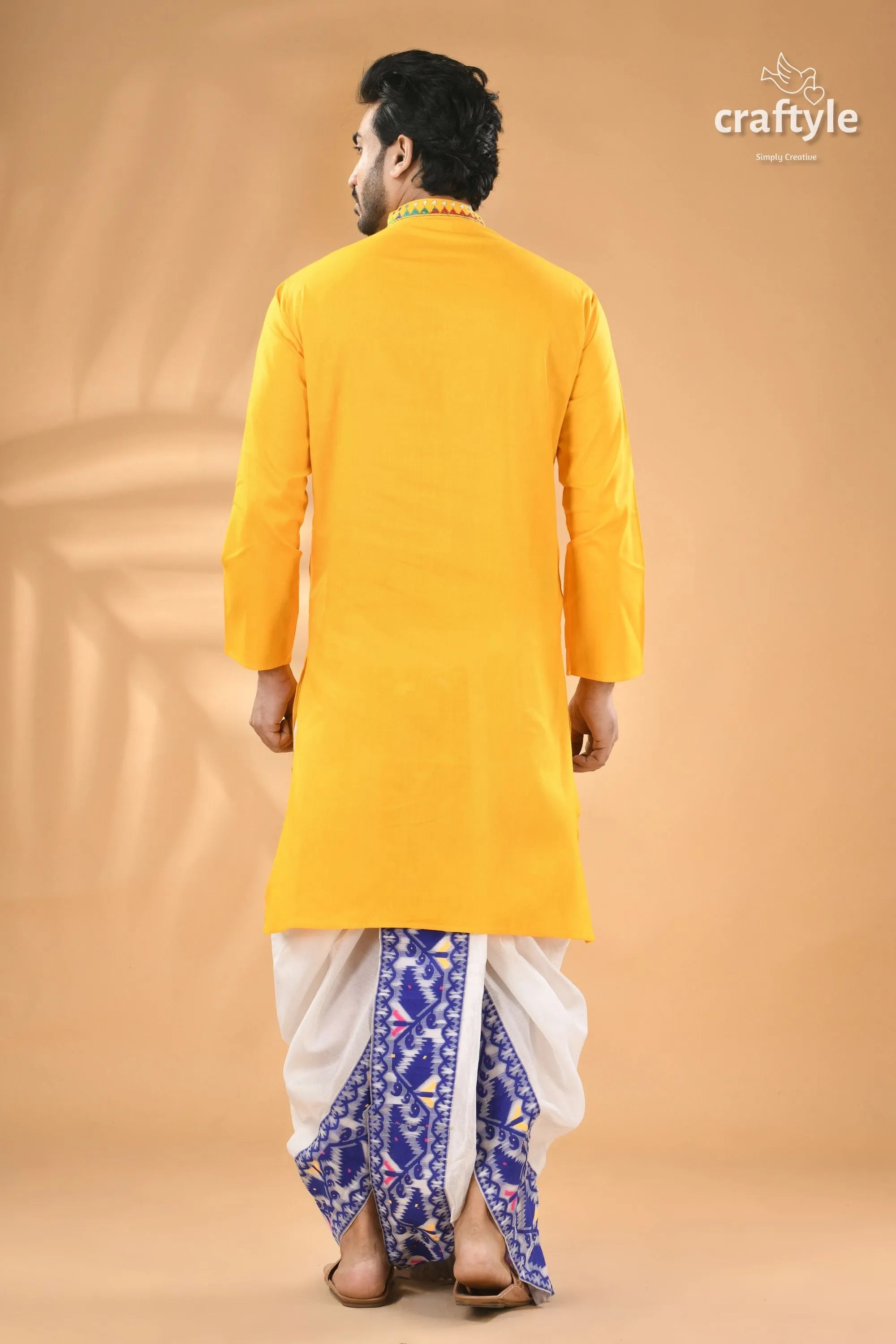 Pantone yellow multi-thread kantha stitch cotton kurta for men men’s white blue 6