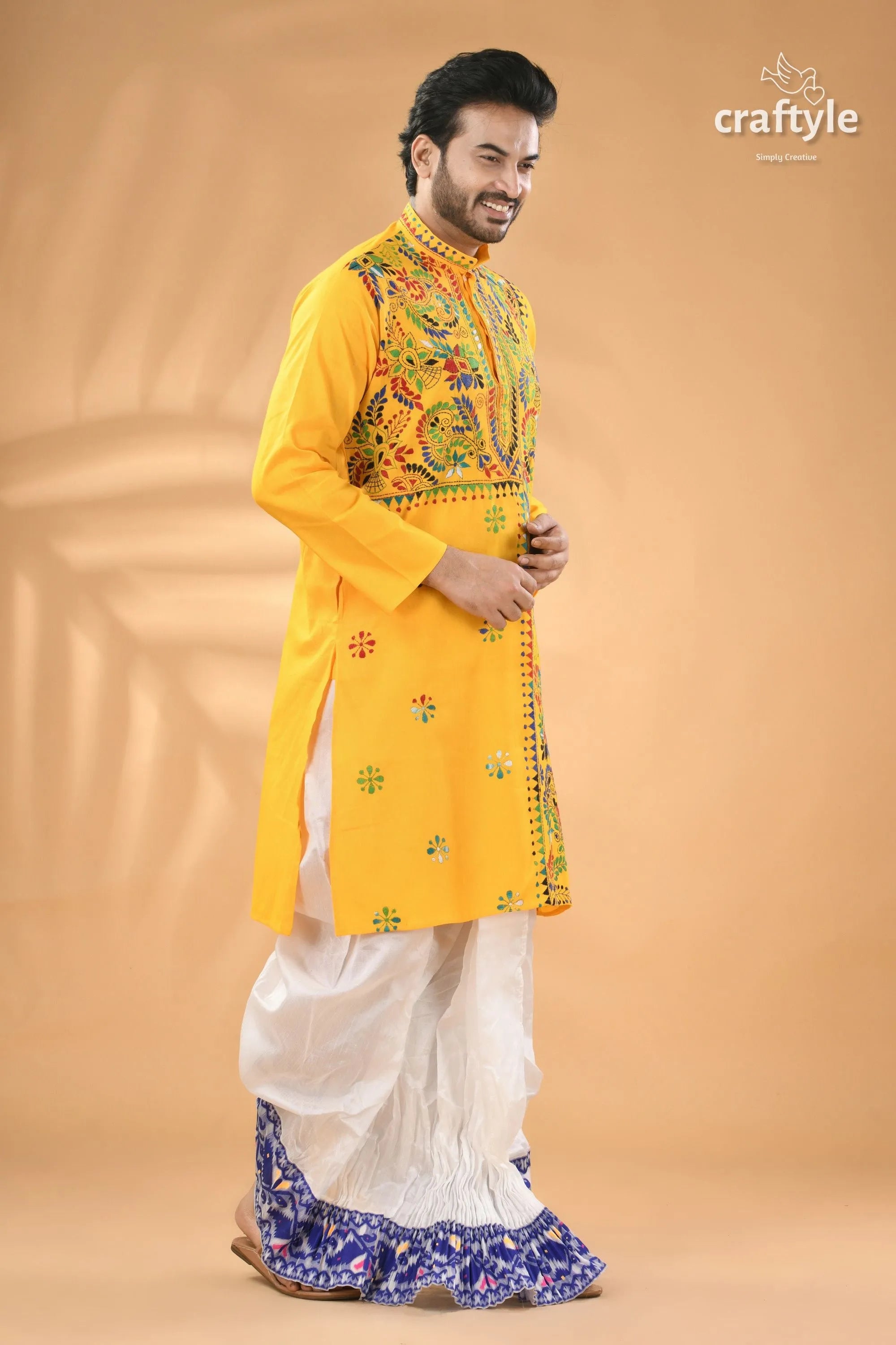 Pantone yellow multi-thread kantha stitch cotton kurta for men men’s embroidered white 3