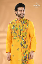 Pantone yellow multi thread kantha stitch cotton kurta for men men’s yellow embroidered kurta colorful 2