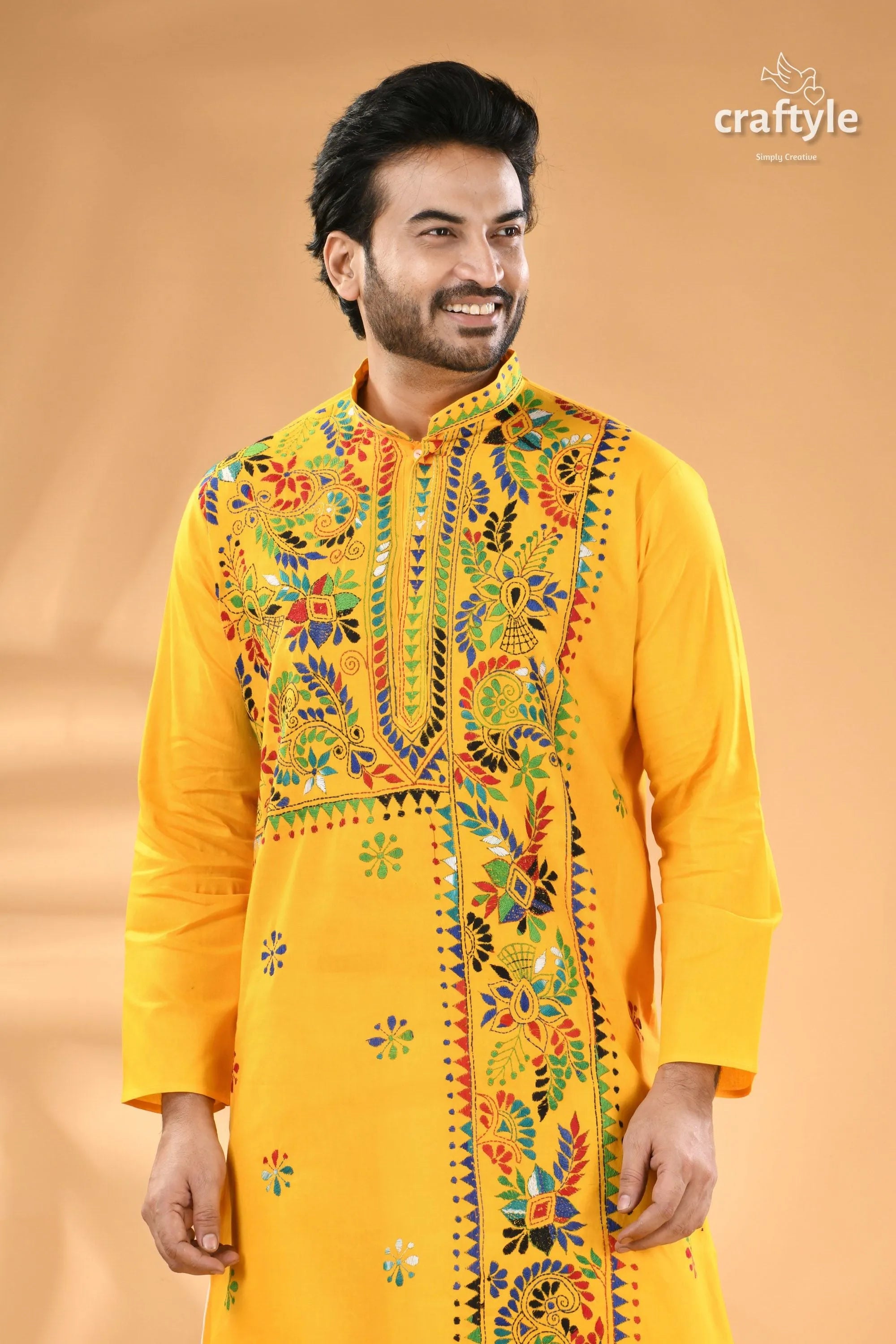 Pantone yellow multi-thread kantha stitch cotton kurta for men men’s embroidered colorful 2