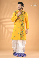 Pantone yellow multi thread kantha stitch cotton kurta for men men’s yellow embroidered kurta white 1