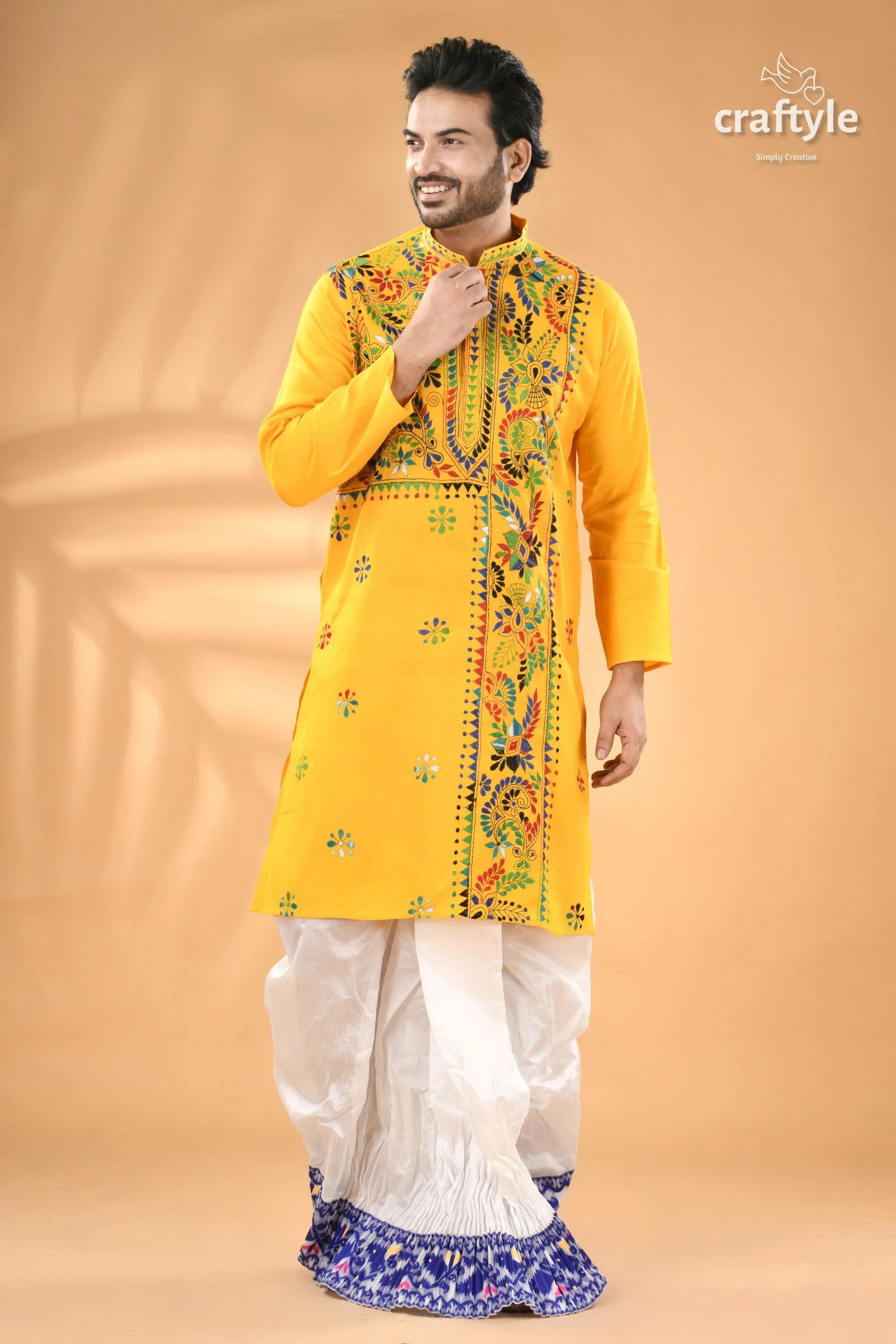 Pantone yellow multi-thread kantha stitch cotton kurta for men men’s embroidered white 1