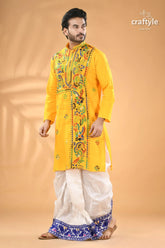 Pantone yellow multi thread kantha stitch cotton kurta for men men’s yellow embroidered kurta white 4