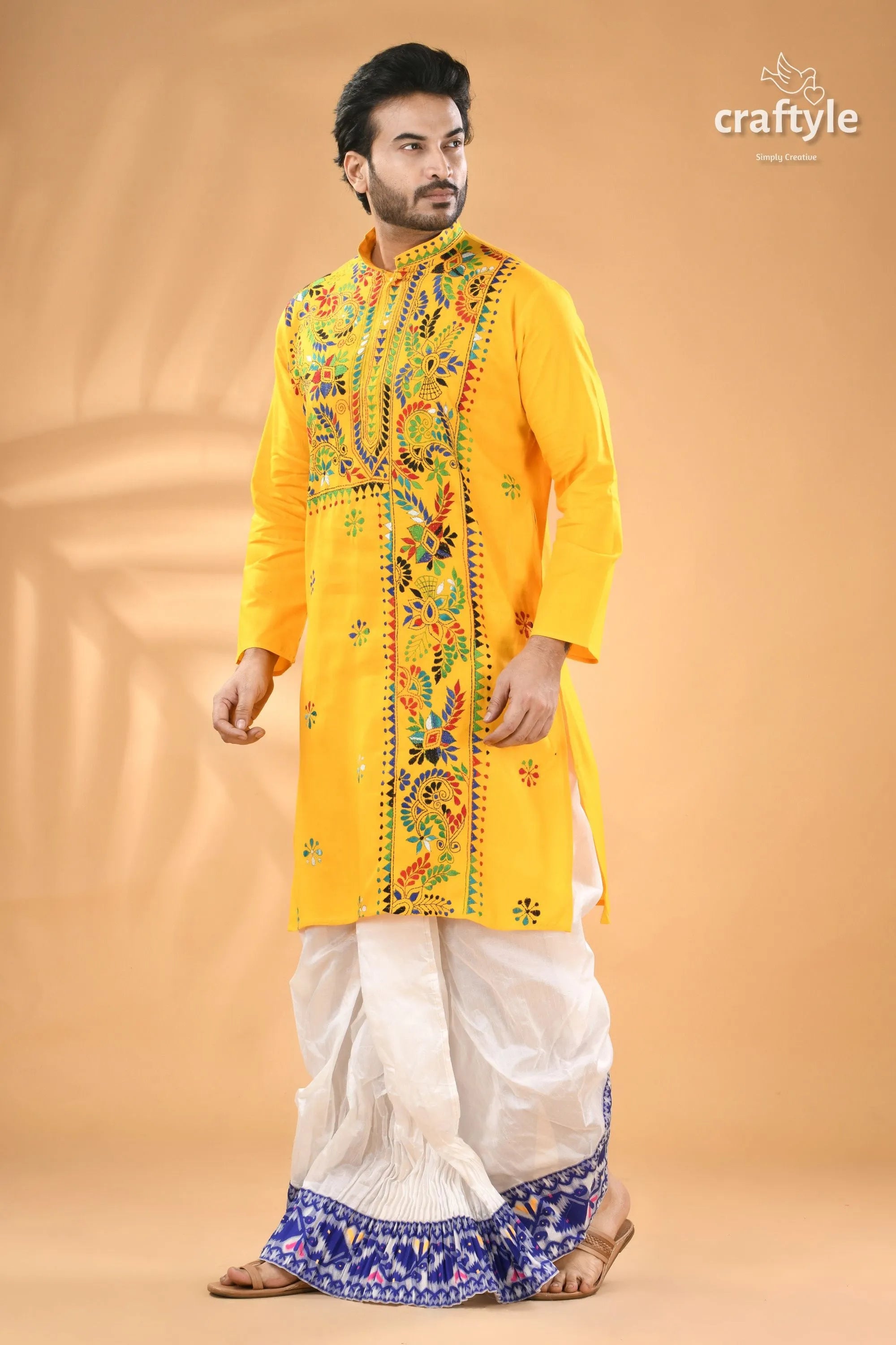 Pantone yellow multi-thread kantha stitch cotton kurta for men men’s embroidered white 4