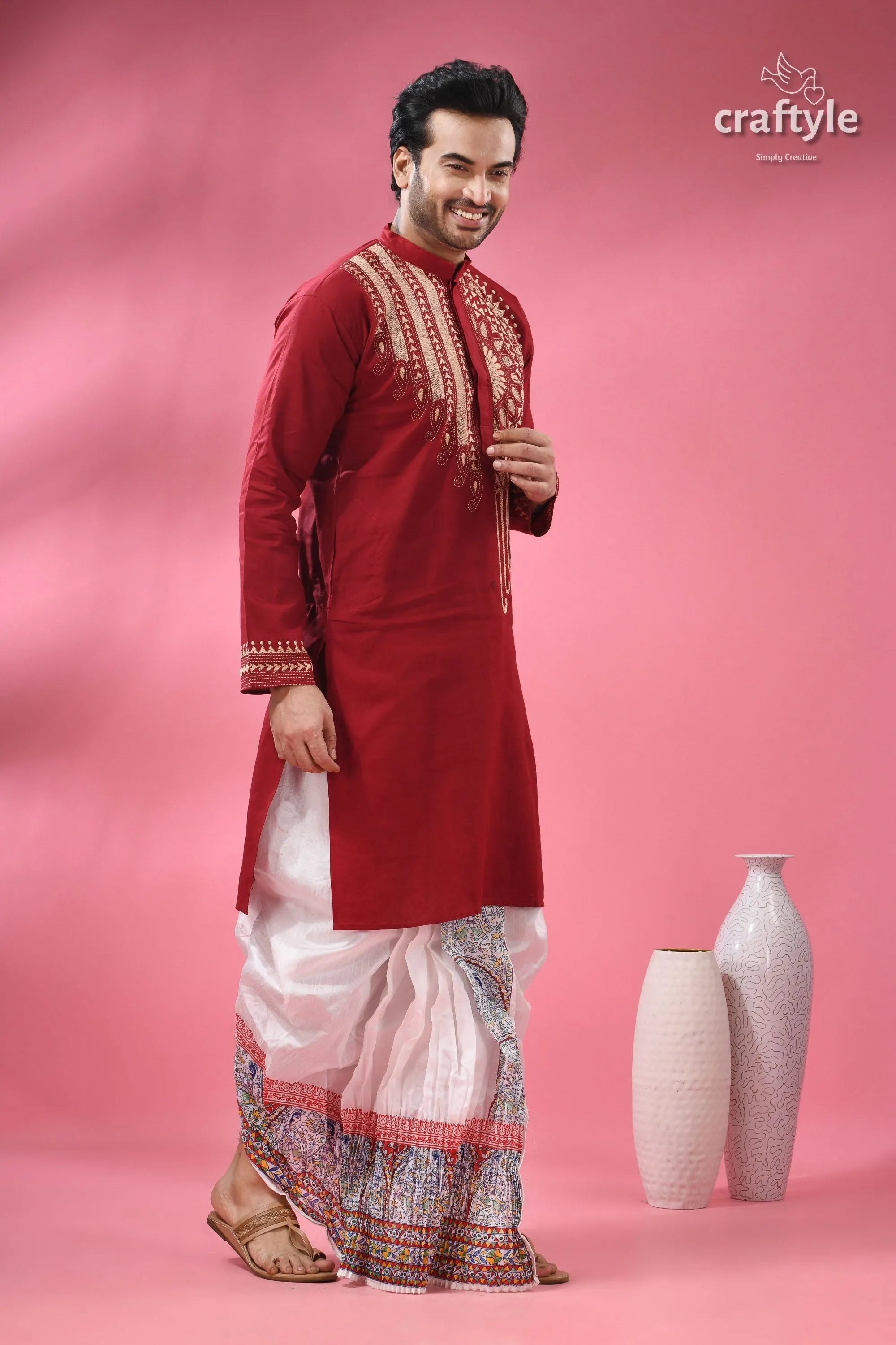 Paprika red beige thread work kantha cotton punjabi for men men’s maroon embroidered kurta white 3