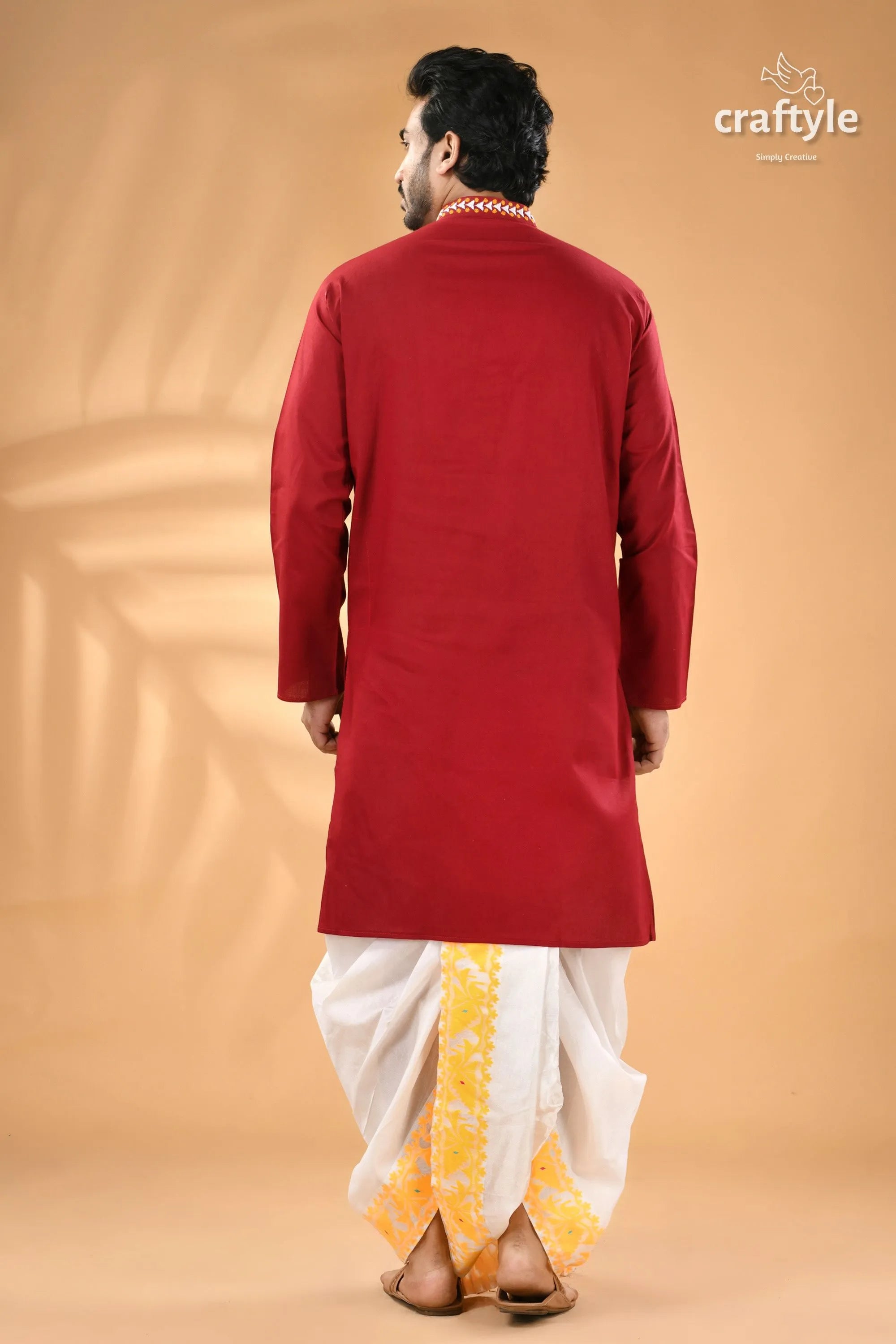 Paprika red exclusive leaf motif cotton kurta for men - reverse stitch men’s long-sleeved white 6
