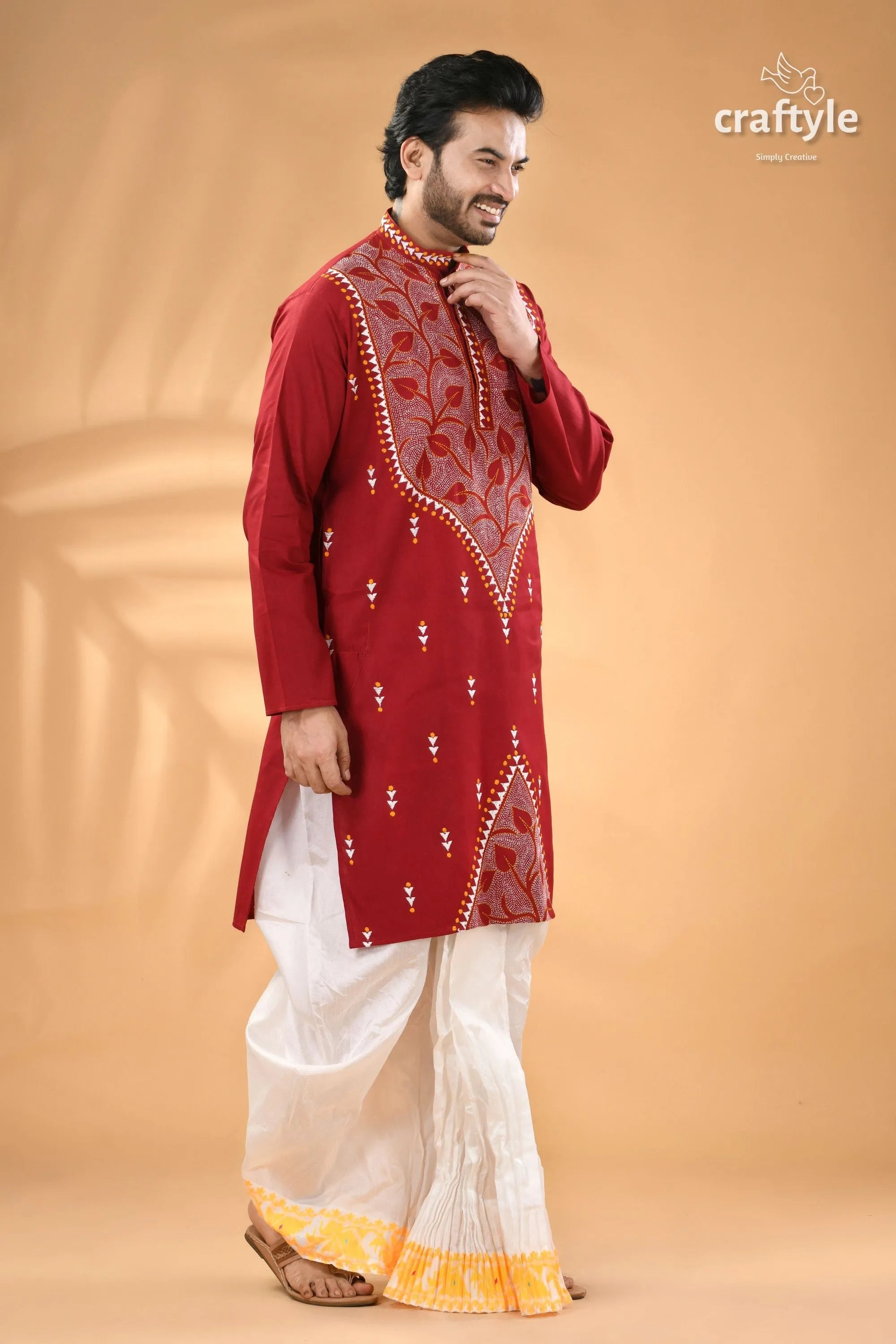 Paprika red exclusive leaf motif cotton kurta for men - reverse stitch men’s maroon embroidered white 3