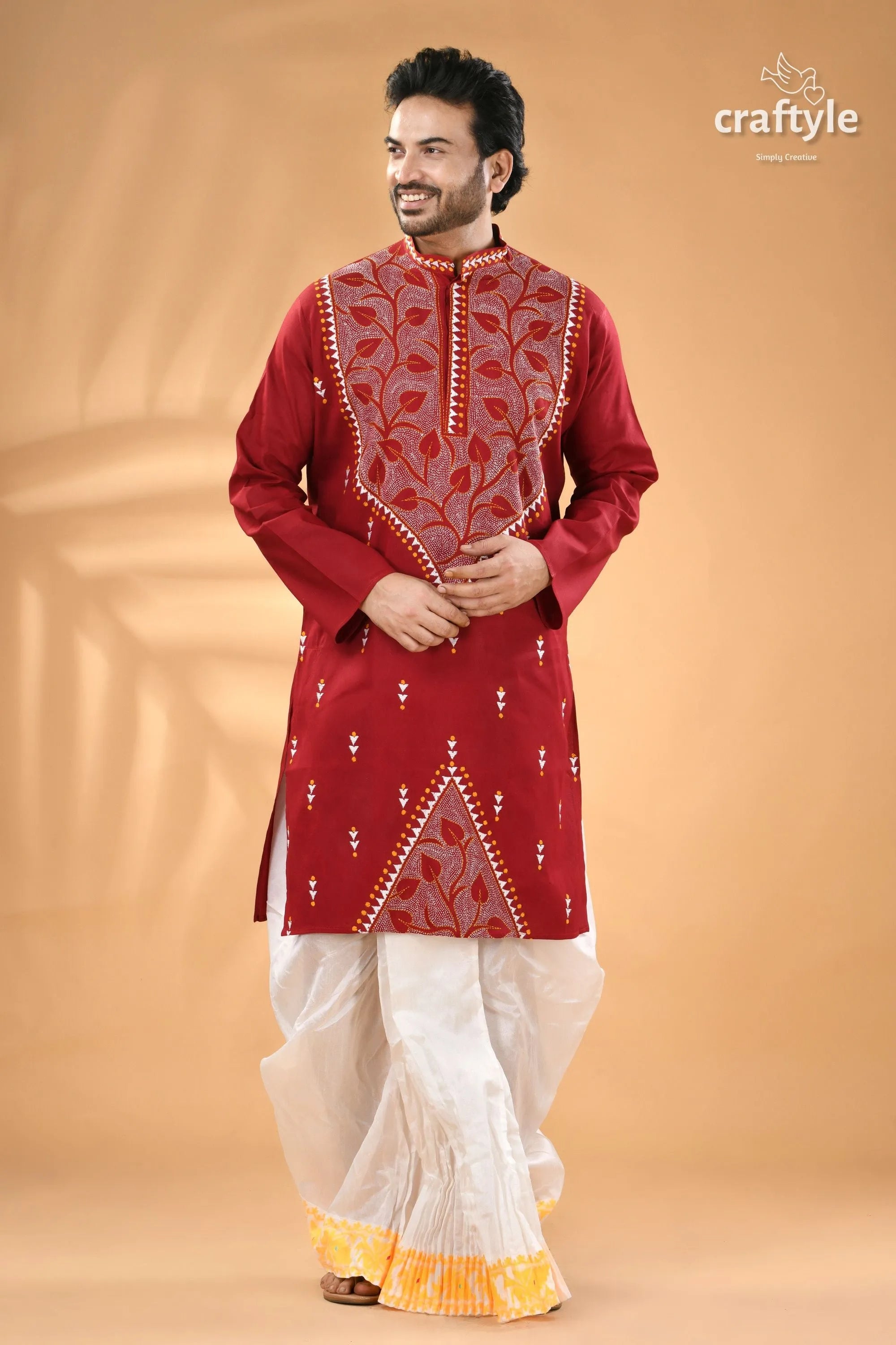 Paprika red exclusive leaf motif cotton kurta for men - reverse stitch men’s embroidered white 1