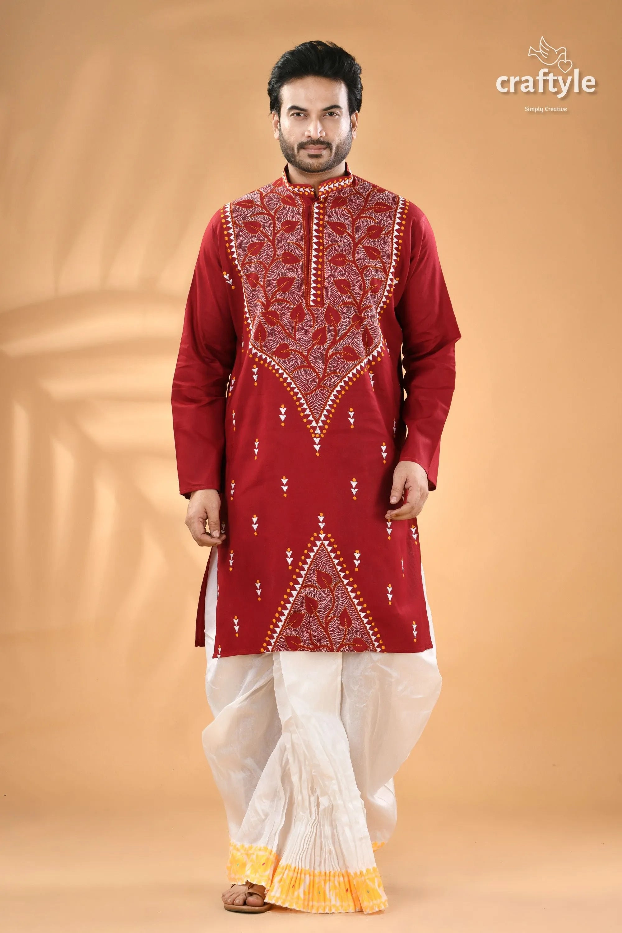 Paprika red exclusive leaf motif cotton kurta for men - reverse stitch men’s maroon embroidered white 5