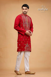 Paprika red multicolor hand kantha work cotton ethnic punjabi red embroidered kurta white pants 4