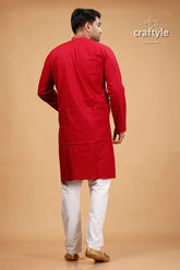 Paprika red multicolor hand kantha work cotton ethnic punjabi red kurta white pants 5