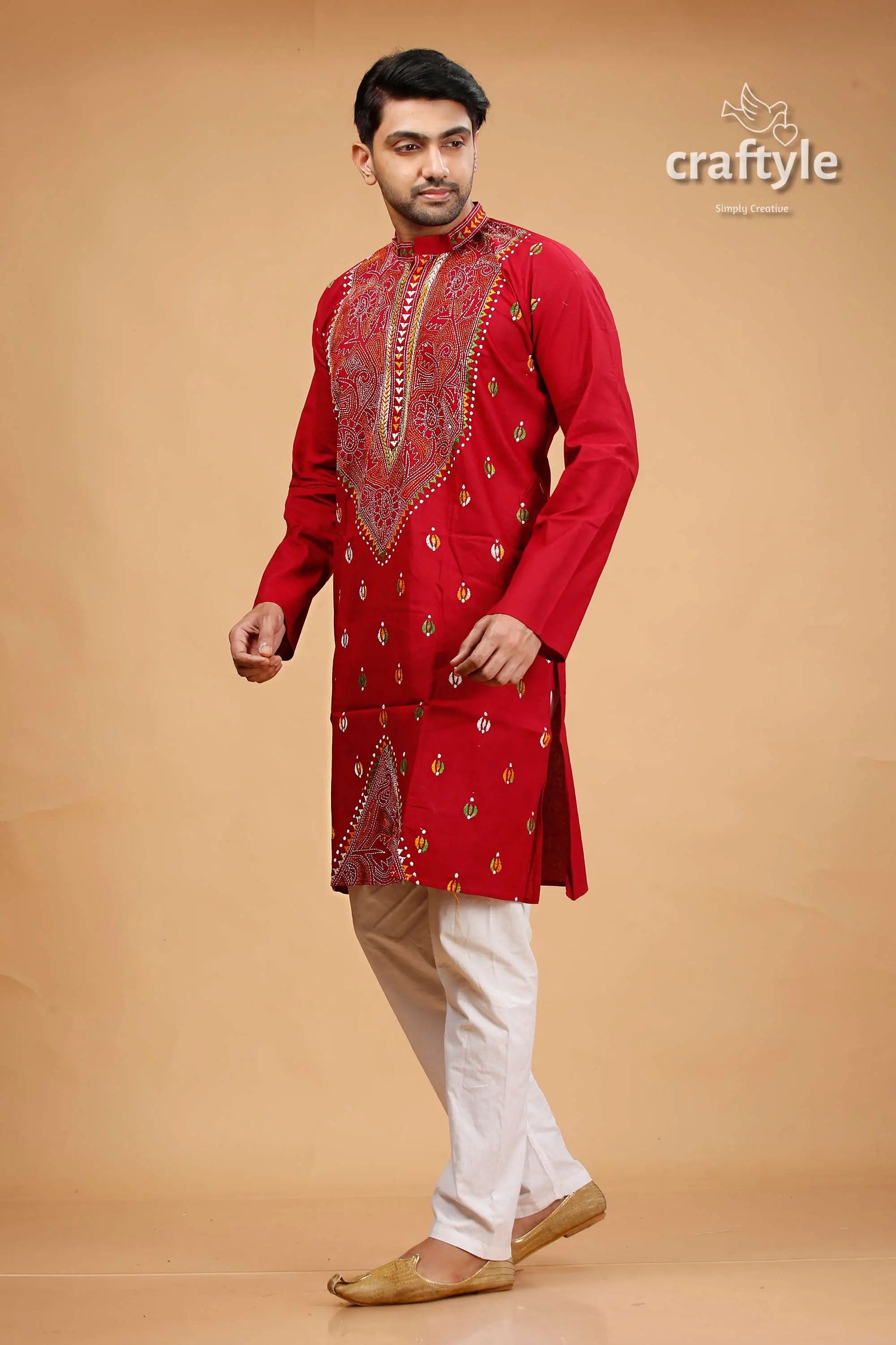 Paprika red multicolor hand kantha work cotton ethnic punjabi red embroidered kurta white pants 3
